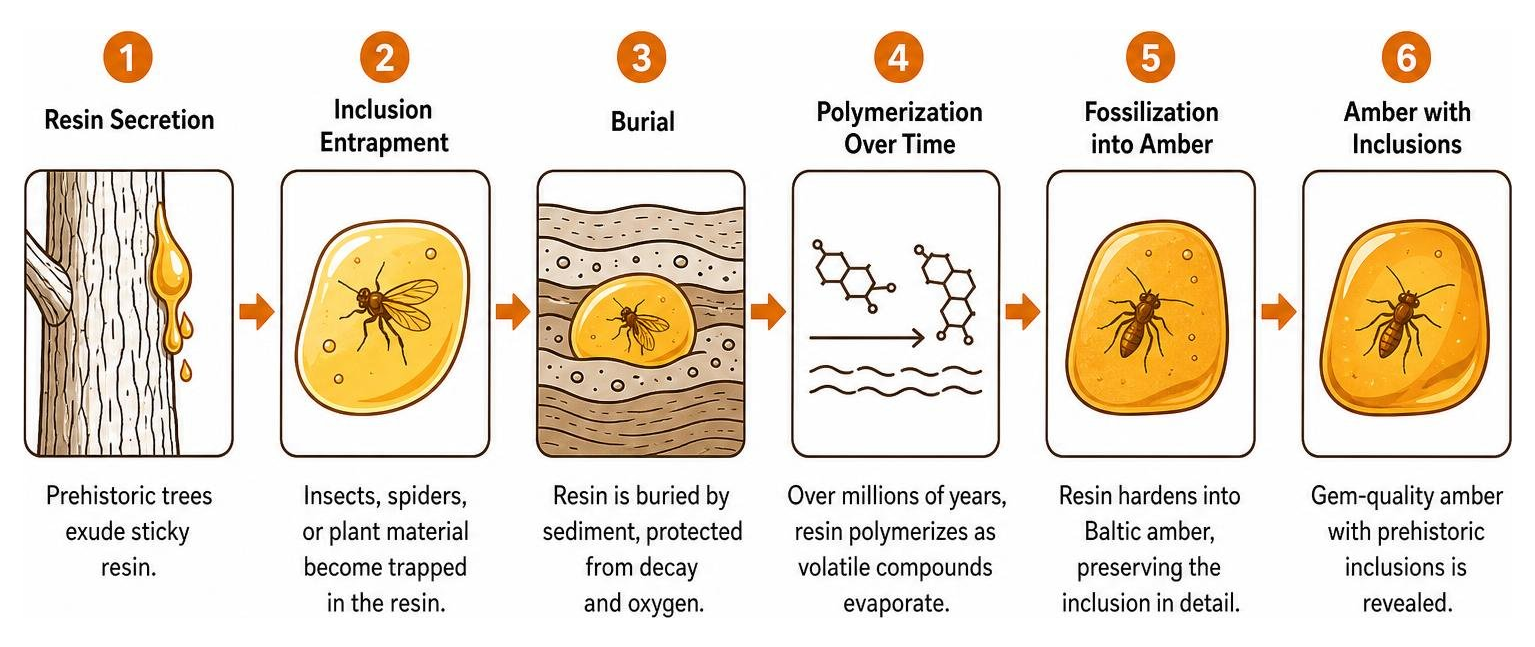 Diagram outlining the natural fossilization process of resin into Baltic amber inclusions