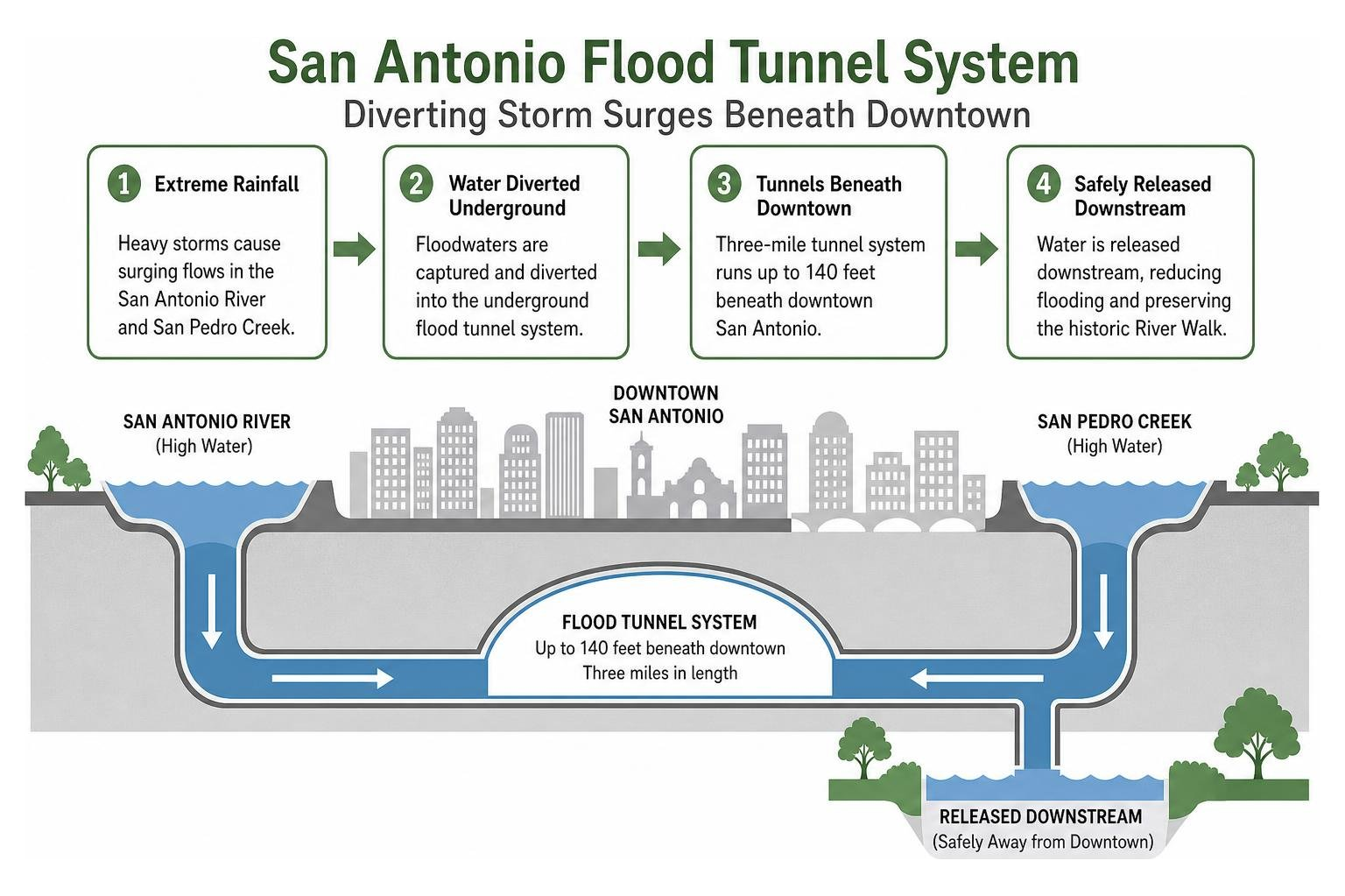 San Antonio flood tunnel system diverting storm surges beneath downtown