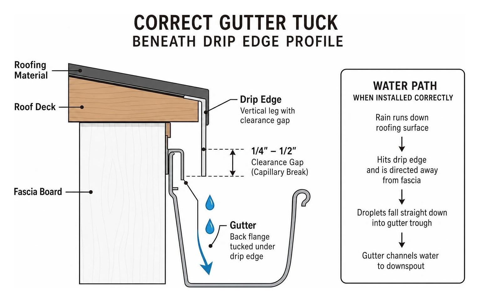 Correct gutter tuck beneath drip edge profile