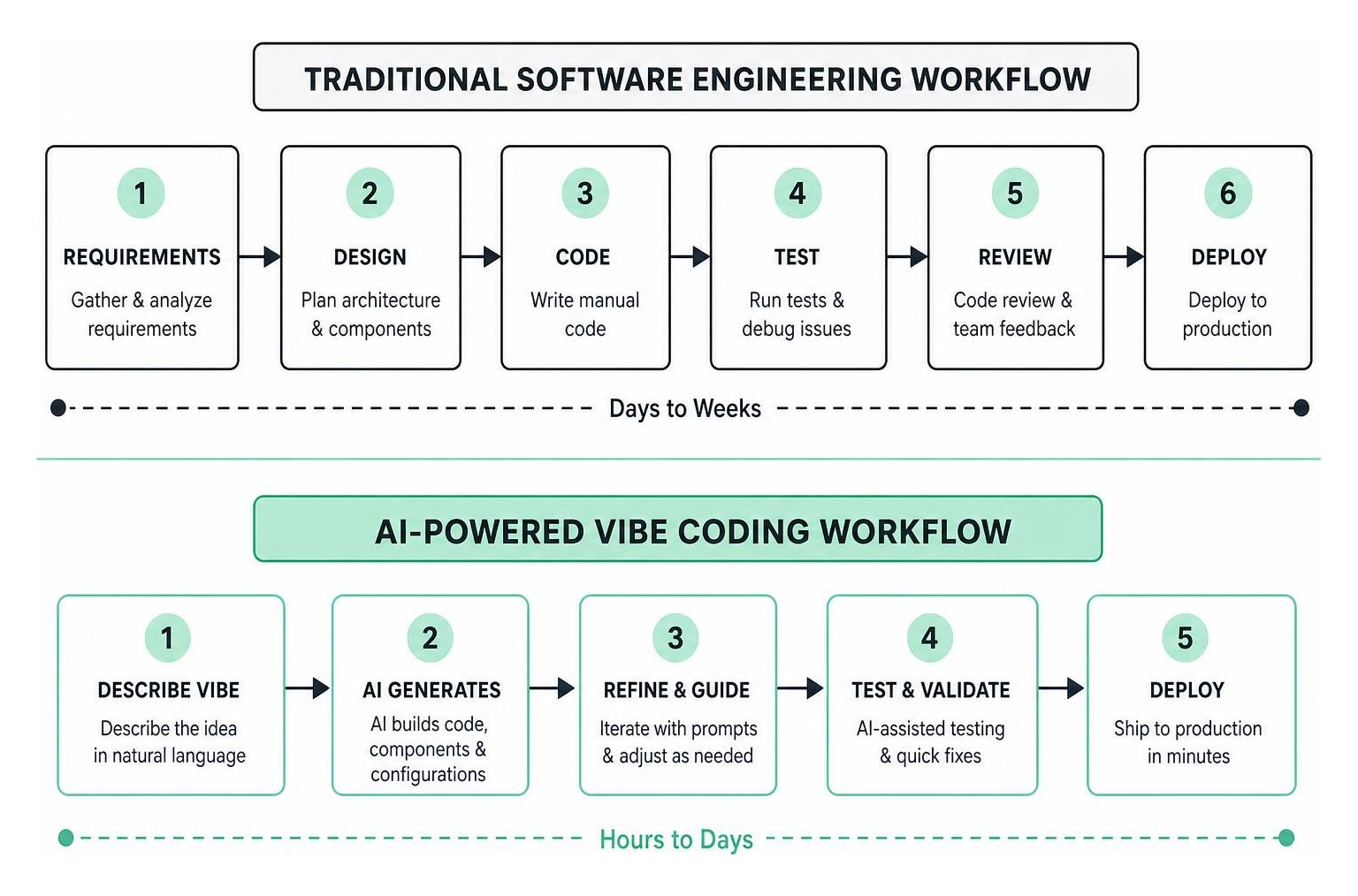 Traditional software engineering vs AI-powered vibe coding workflows