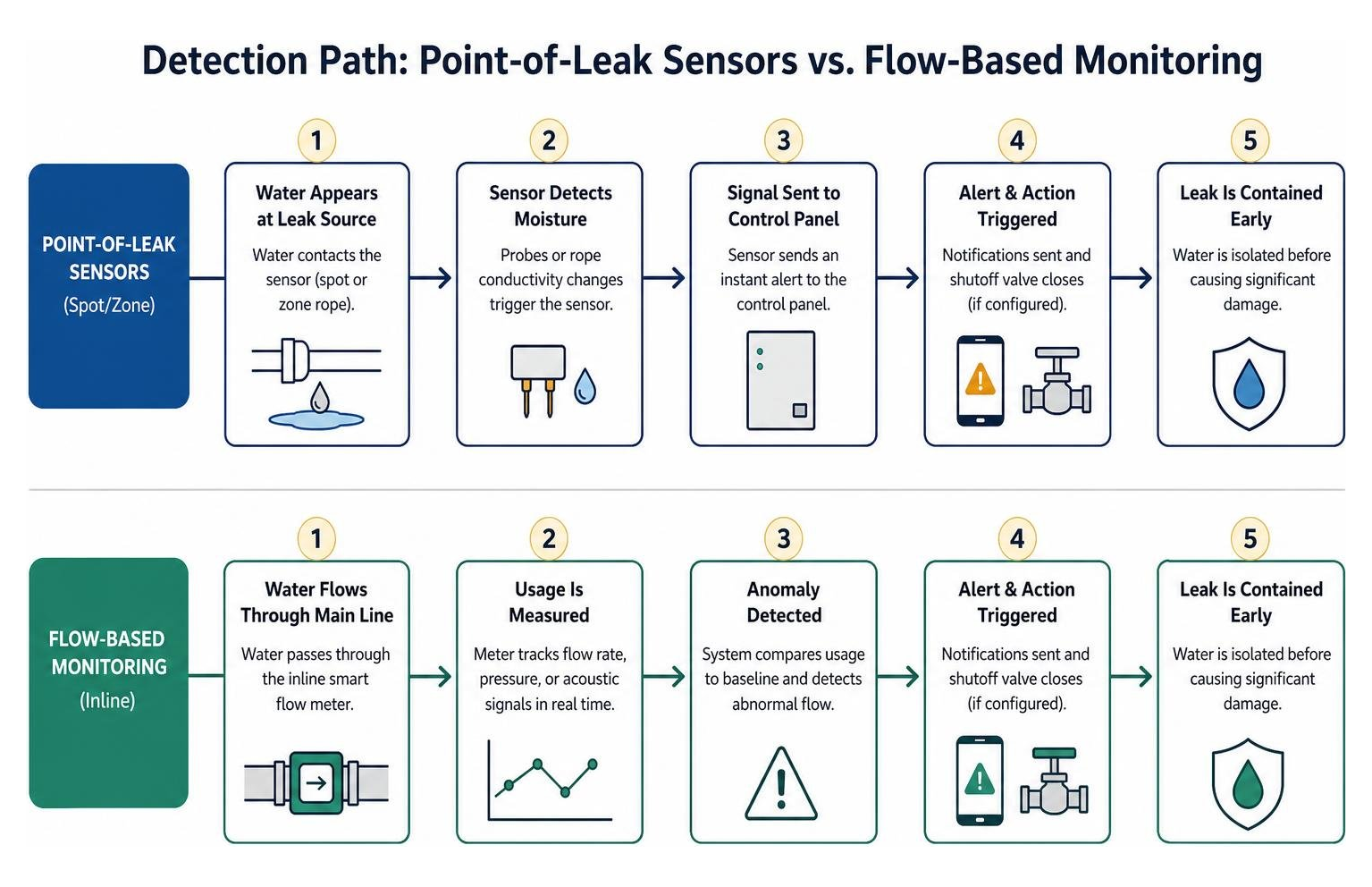 Diagram showing the detection path of point-of-leak sensors vs. flow-based monitoring Diagram showing the detection path of point-of-leak sensors vs. flow-based monitoring