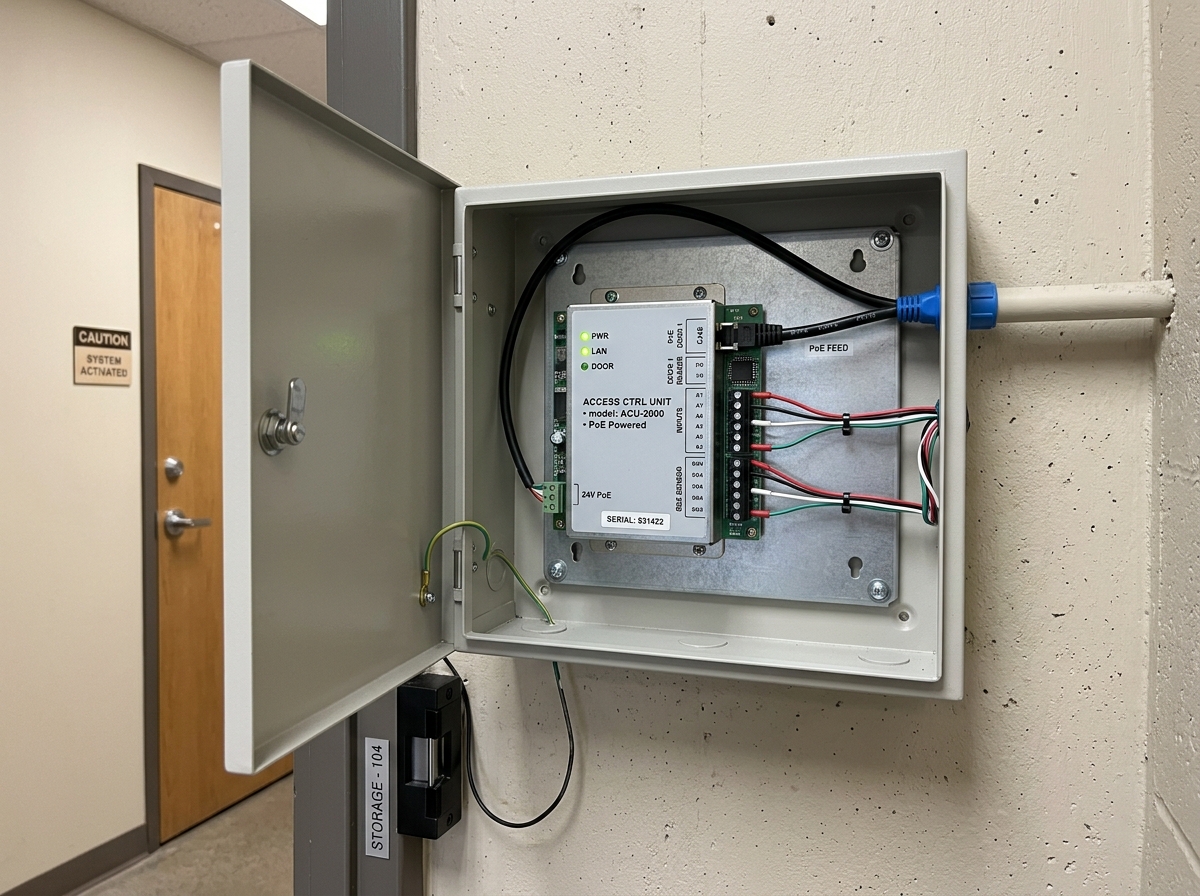 A PoE-powered network controller installed in a secure enclosure - door lock controller A PoE-powered network controller installed in a secure enclosure - door lock controller