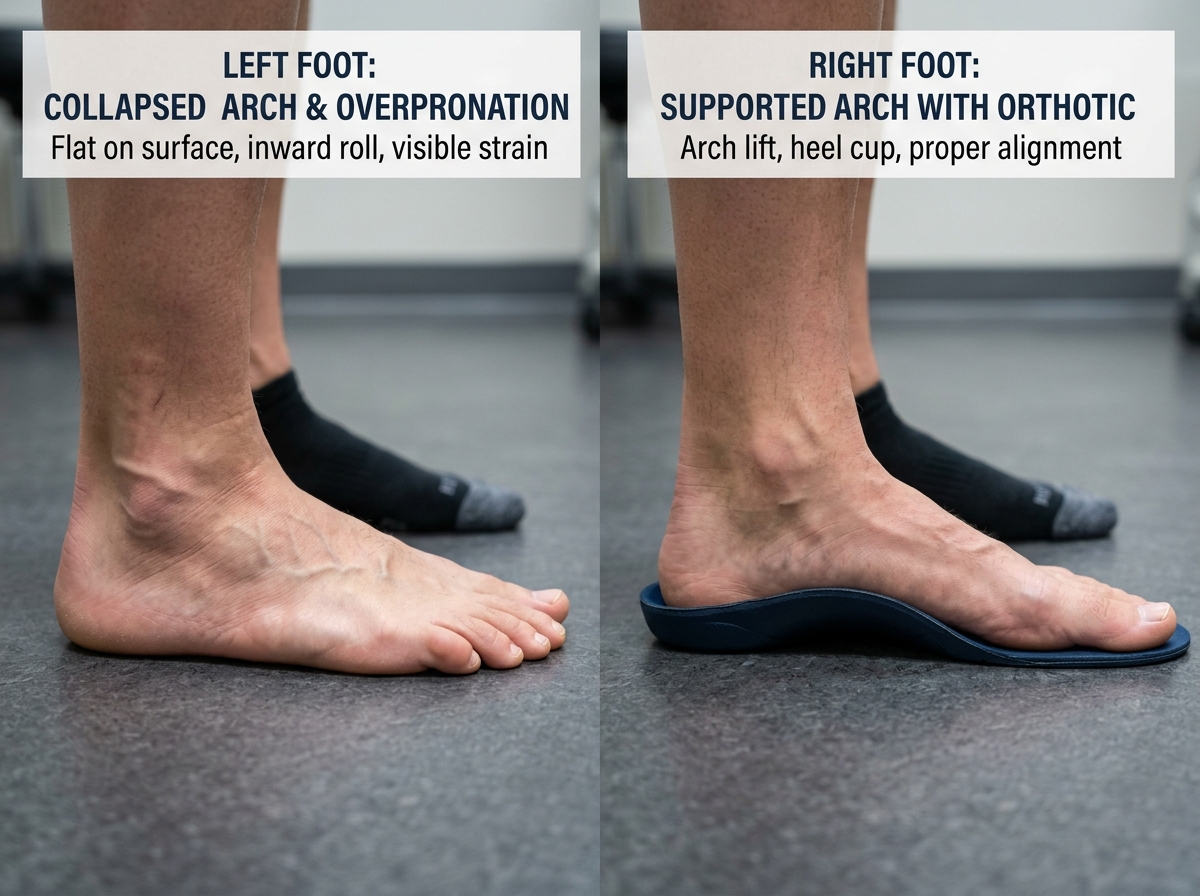foot arch comparison showing flat foot vs supported arch - arch support thongs womens