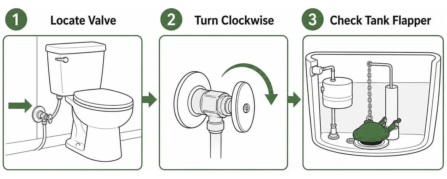 process of stopping a toilet overflow: locate valve, turn clockwise, check tank flapper process of stopping a toilet overflow: locate valve, turn clockwise, check tank flapper