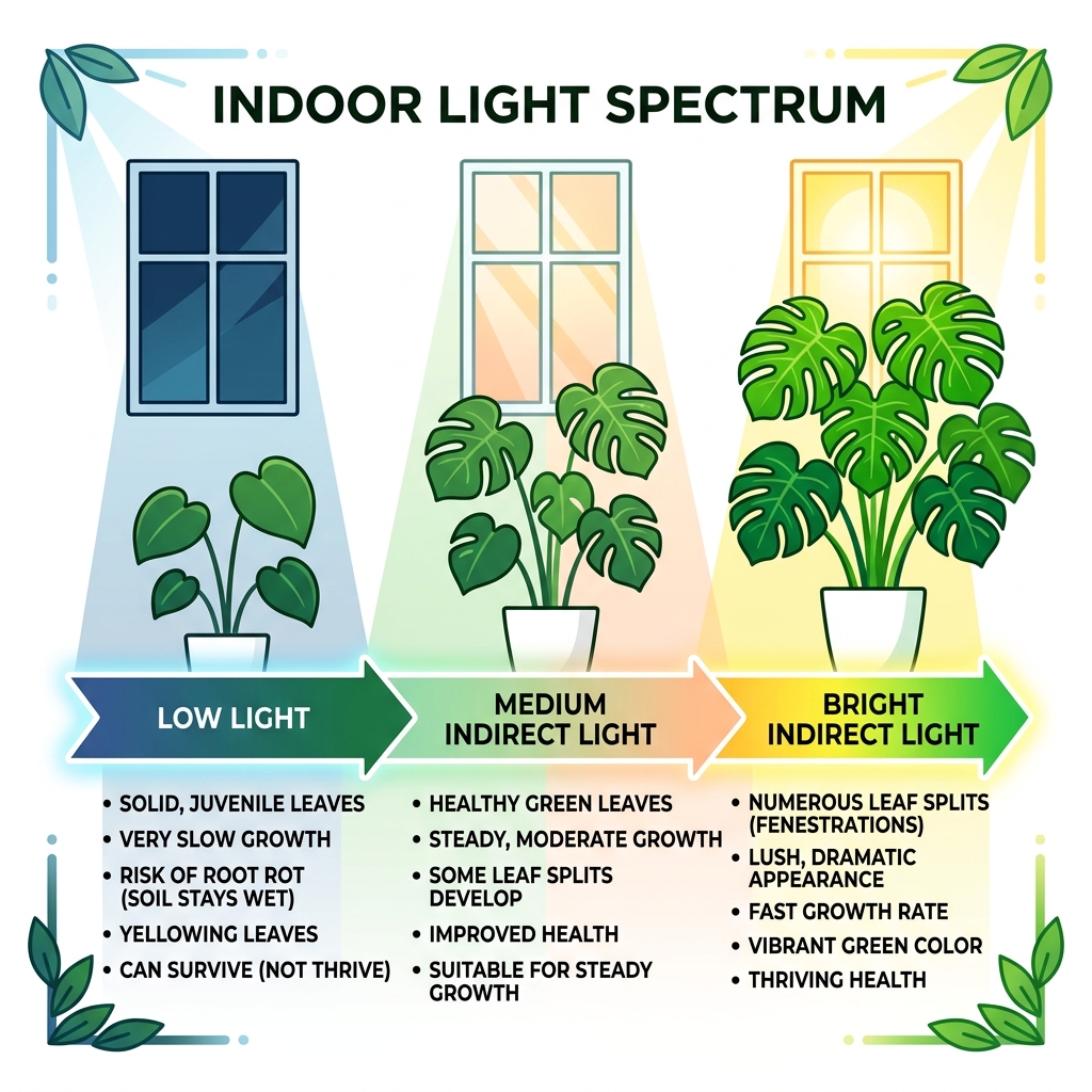 Infographic showing indoor light spectrum from low light to bright indirect light and Monstera response at each level