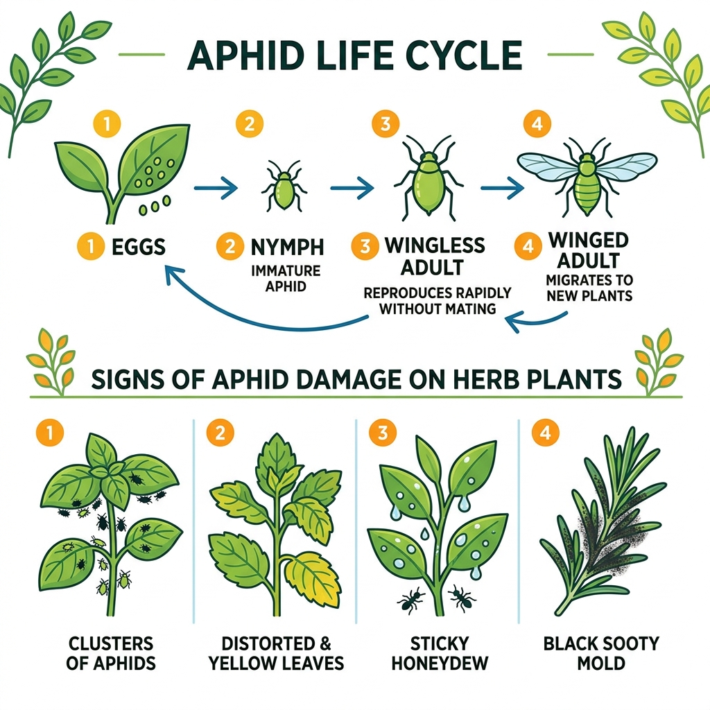 aphid life cycle and damage signs on herb plants infographic - aphid killer homemade infographic 