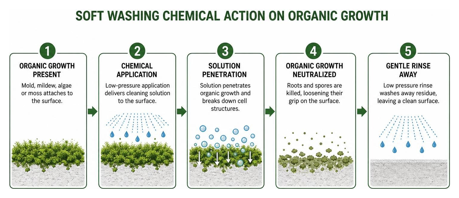 Process diagram of soft washing chemical action on organic growth Process diagram of soft washing chemical action on organic growth