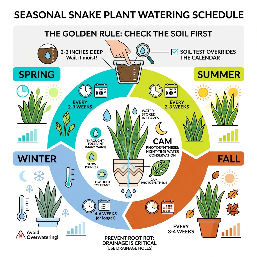 Seasonal snake plant watering schedule infographic showing frequency by season and soil dryness rule - snake plant watering Seasonal snake plant watering schedule infographic showing frequency by season and soil dryness rule - snake plant watering