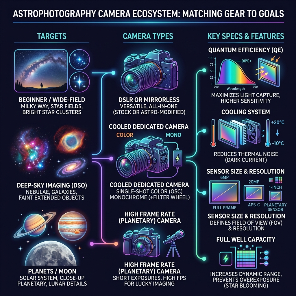 Astrophotography gear ecosystem infographic: camera types, targets, and key specs - astrophotography camera infographic Astrophotography gear ecosystem infographic: camera types, targets, and key specs - astrophotography camera infographic