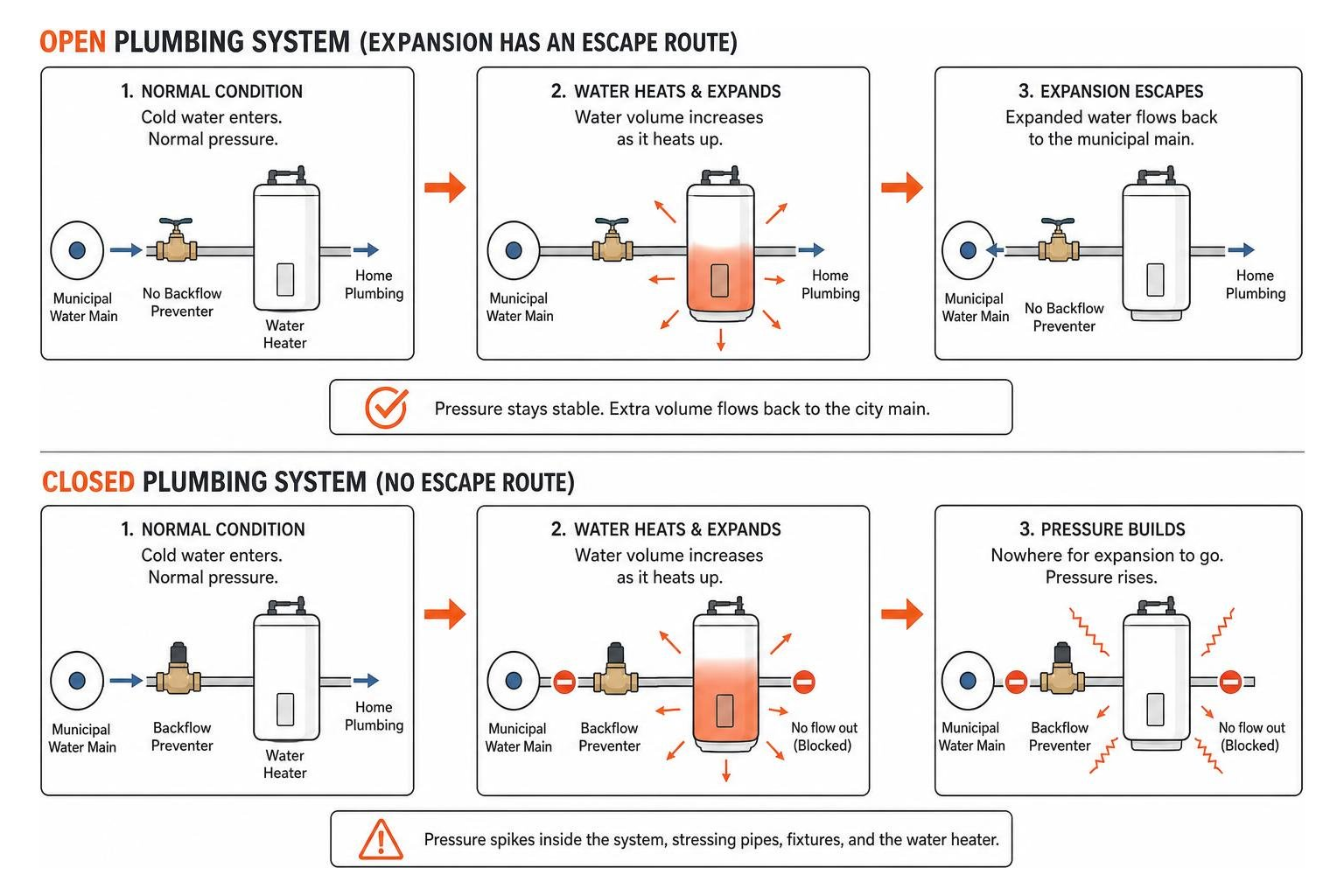 Diagram of open vs closed plumbing systems and how pressure builds up Diagram of open vs closed plumbing systems and how pressure builds up