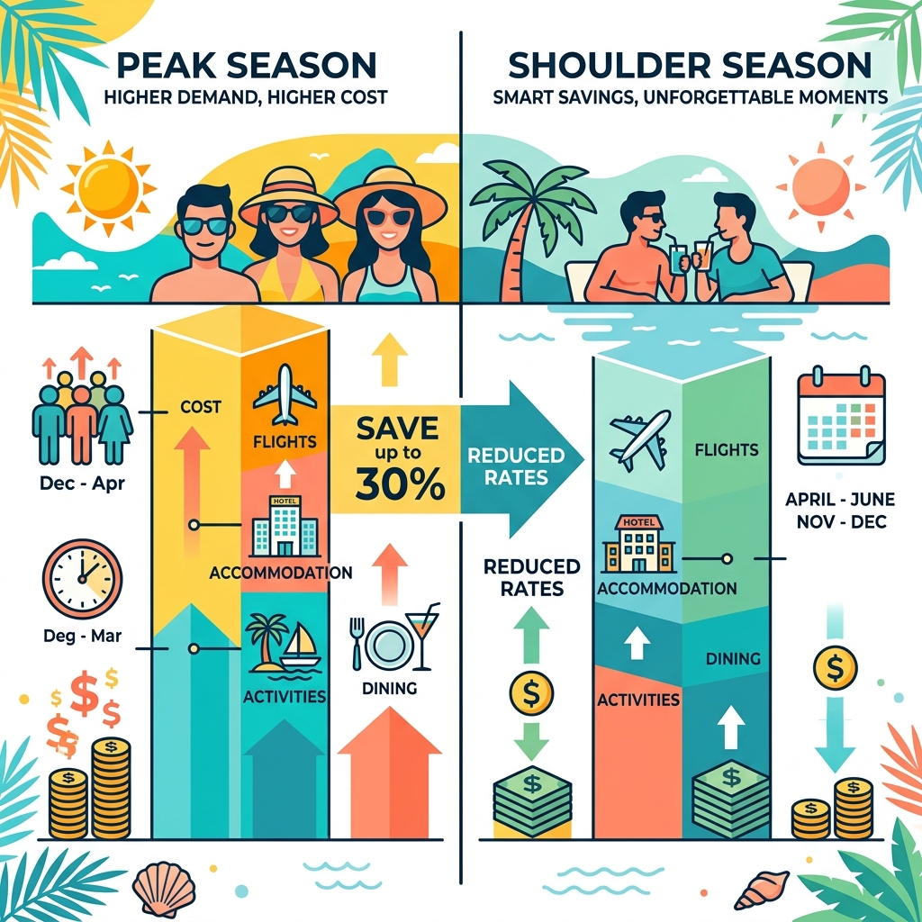 Cost comparison chart: peak season vs shoulder season Caribbean island travel for couples - affordable island vacations for