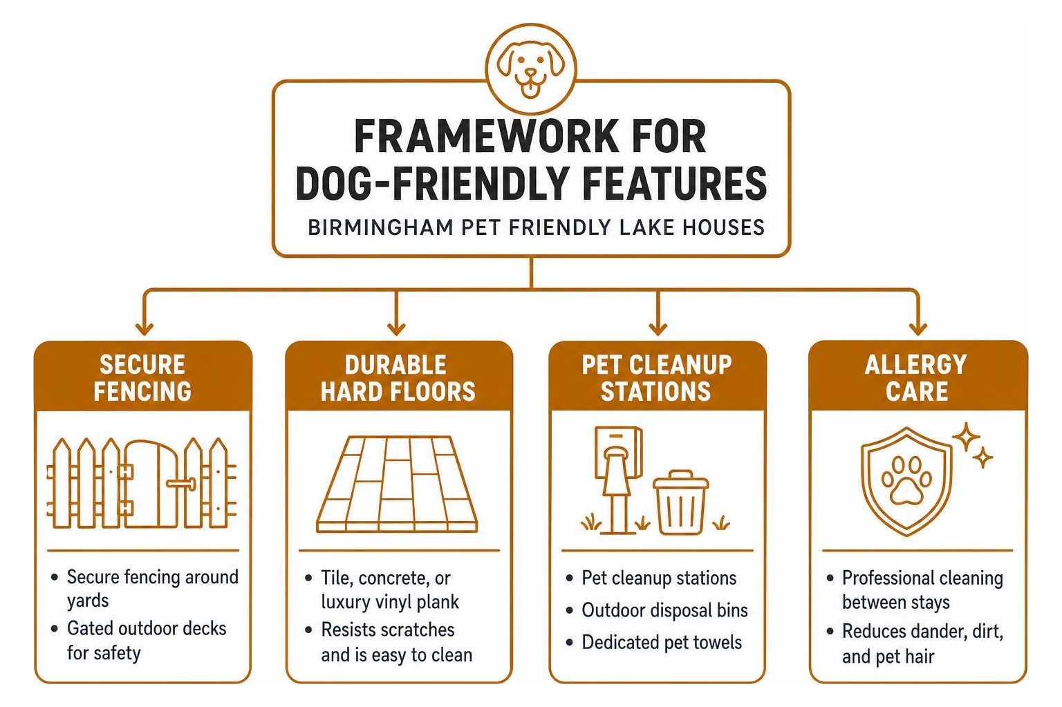 Framework for dog-friendly features including fencing, hard floors, cleanup stations, and allergy care Framework for dog-friendly features including fencing, hard floors, cleanup stations, and allergy care
