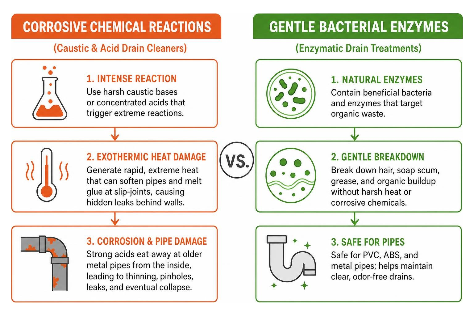 Comparison between corrosive chemical reactions and gentle bacterial enzymes