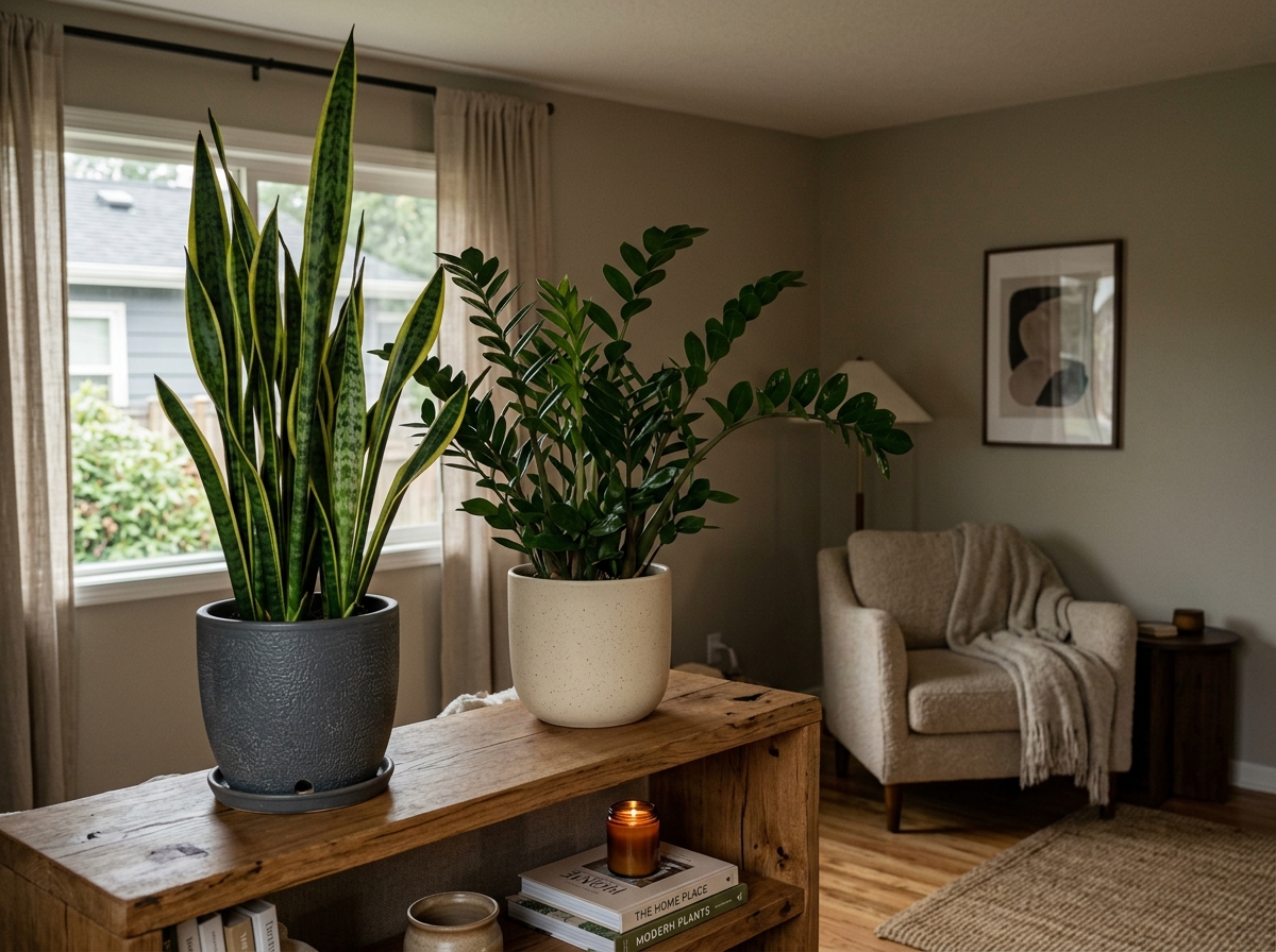 A Snake Plant and ZZ Plant side-by-side in a stylish low-light room - best indoor plants for dark rooms