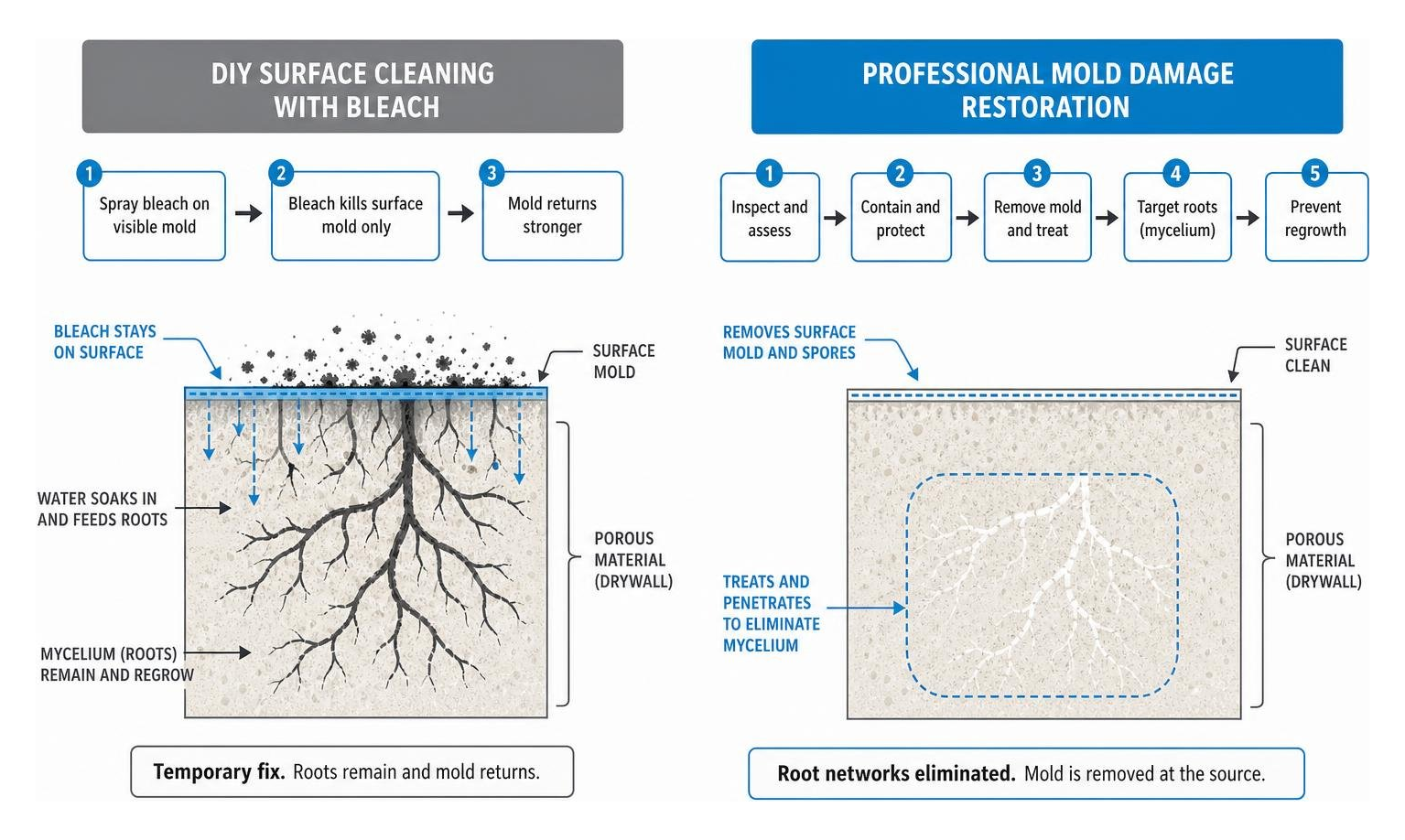 Diagram comparing surface cleaning using bleach versus deep professional remediation reaching root mycelium Diagram comparing surface cleaning using bleach versus deep professional remediation reaching root mycelium