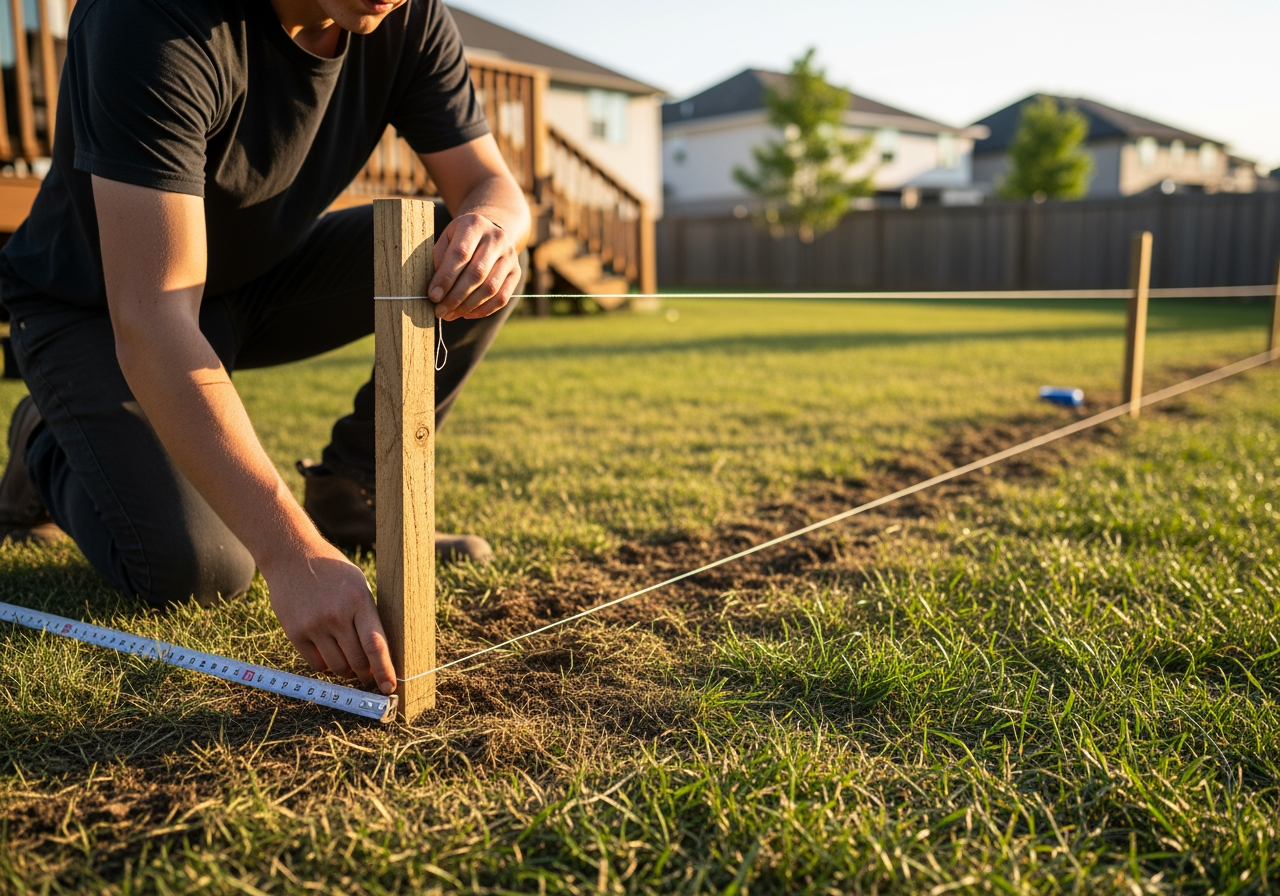 person marking a fence line with stakes and string - plastic fence installation