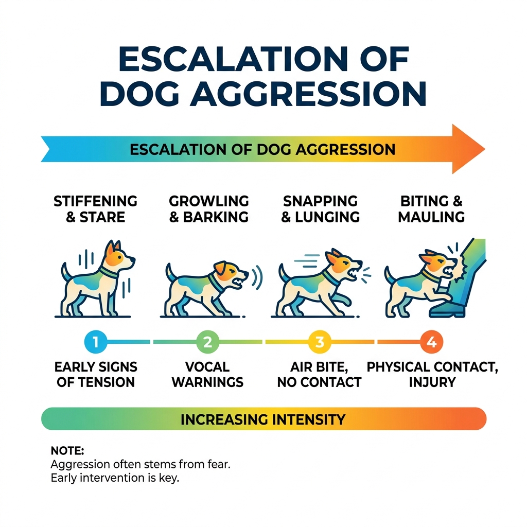 Infographic showing escalation of dog aggression from stiffening and growling to snapping and biting - aggressive small dog