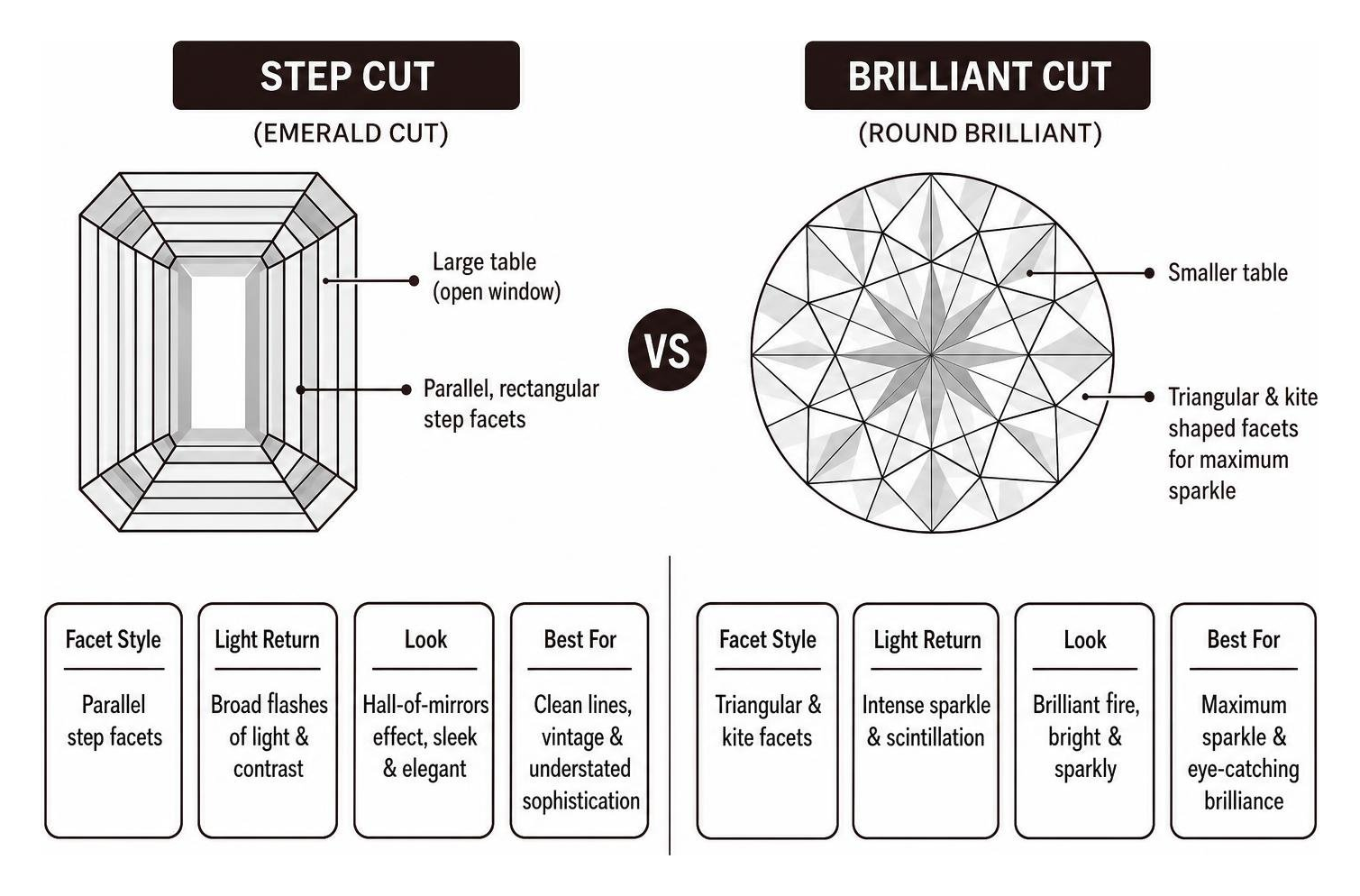 Diagram comparing step cut parallel facets versus brilliant cut triangular facets Diagram comparing step cut parallel facets versus brilliant cut triangular facets