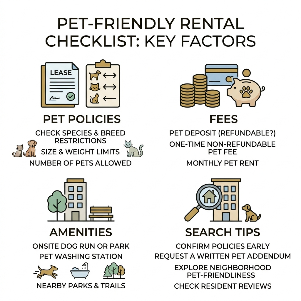 pet-friendly rental checklist infographic showing key factors: pet policies, fees, amenities, and search tips - pet friendly