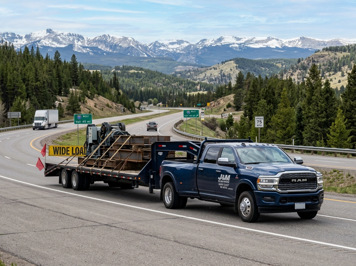 A medium-duty hot shot rig consisting of a dually pickup truck pulling a 40-foot gooseneck flatbed trailer - hot shot