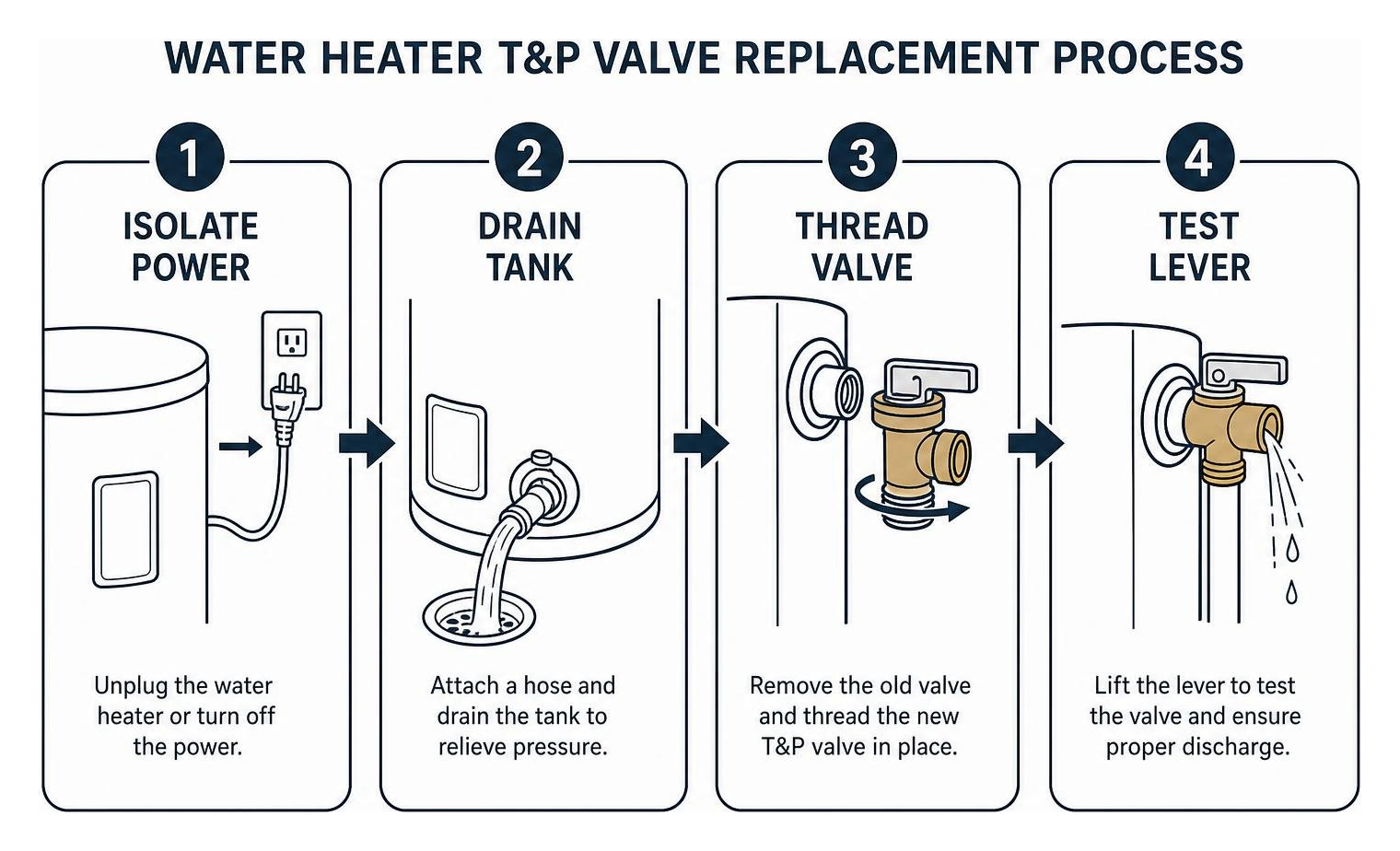 Water heater T and P valve replacement process: isolate power, drain tank, thread valve, test lever