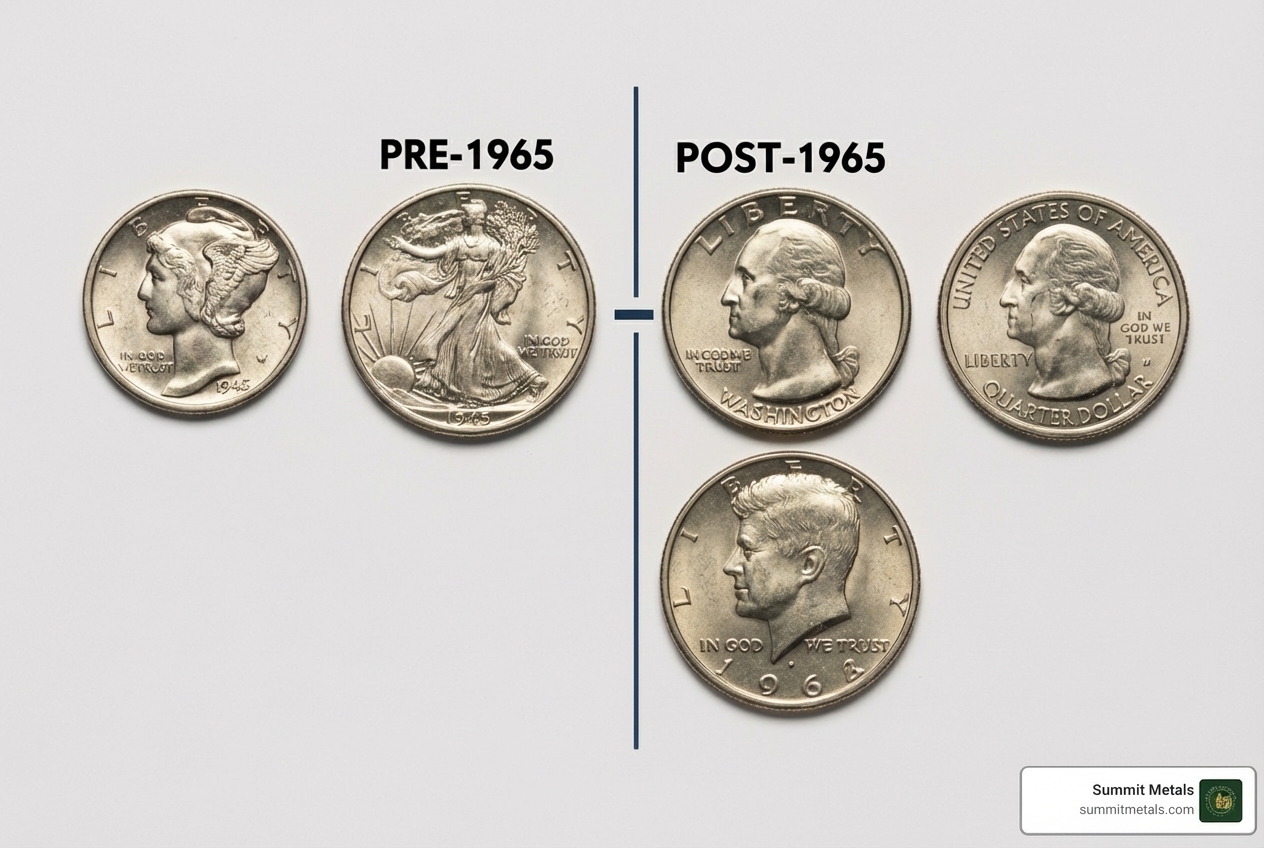 A timeline graphic showing the years U.S. coins contained silver, highlighting the 1965 transition, with images of dimes, quarters, and half dollars from those eras. - junk silver coins value