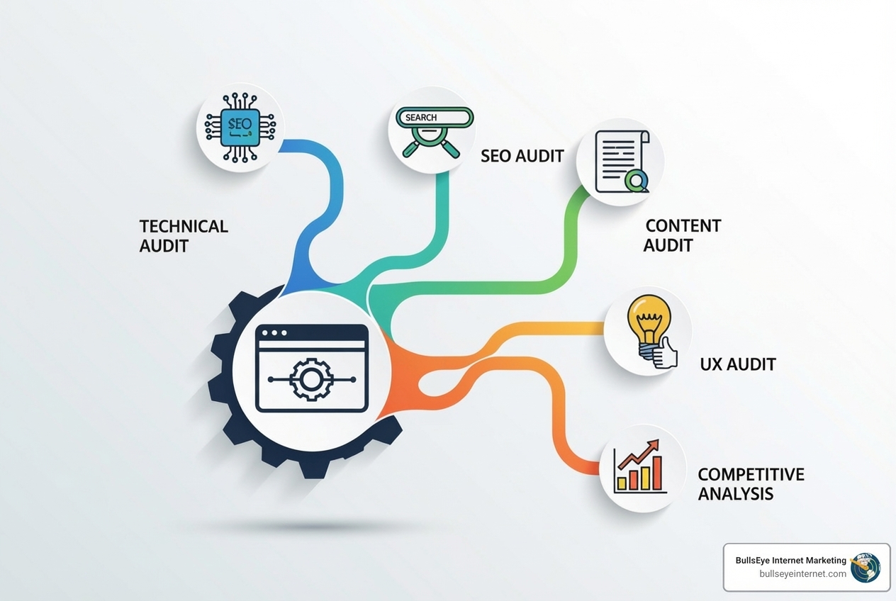 diagram showing different audit types branching from a central website icon - strategic site audit Technical audit diagram illustrating website audit components: SEO audit, content audit, UX audit, and competitive analysis, with a gear icon symbolizing the website's infrastructure, relevant to Bullseye Internet's website security and optimization services.