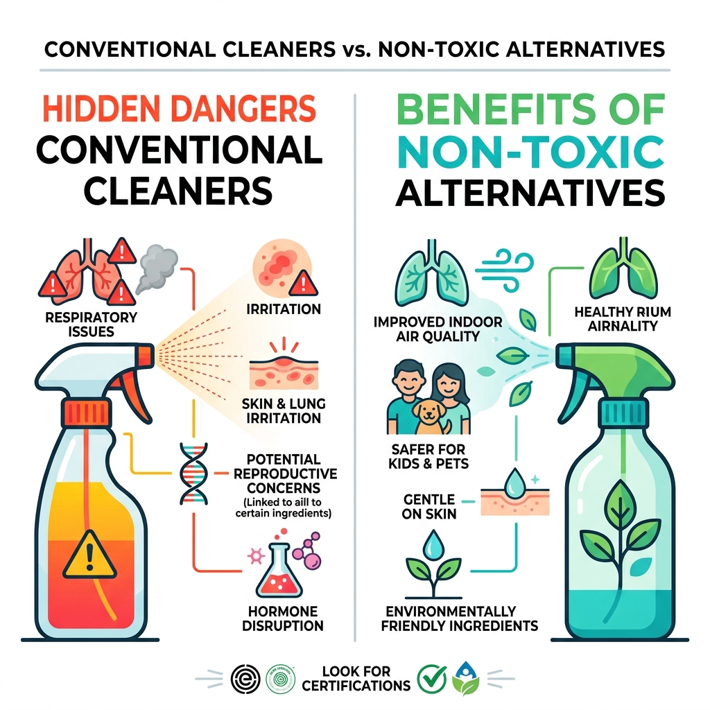 Infographic showing hidden dangers of conventional cleaners vs. non-toxic alternatives - non toxic cleaning sprays Infographic showing hidden dangers of conventional cleaners vs. non-toxic alternatives - non toxic cleaning sprays