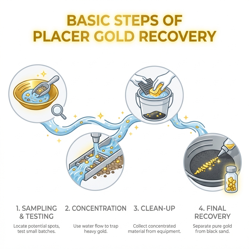 Basic steps of placer gold recovery from sampling to clean-up - 6 inch gold dredge for sale infographic 