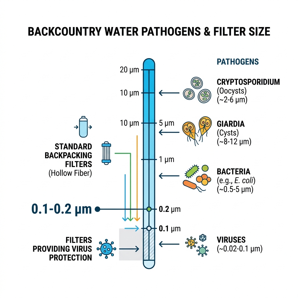 infographic showing common backcountry water pathogens like Giardia, Cryptosporidium, bacteria, and viruses with filter pore