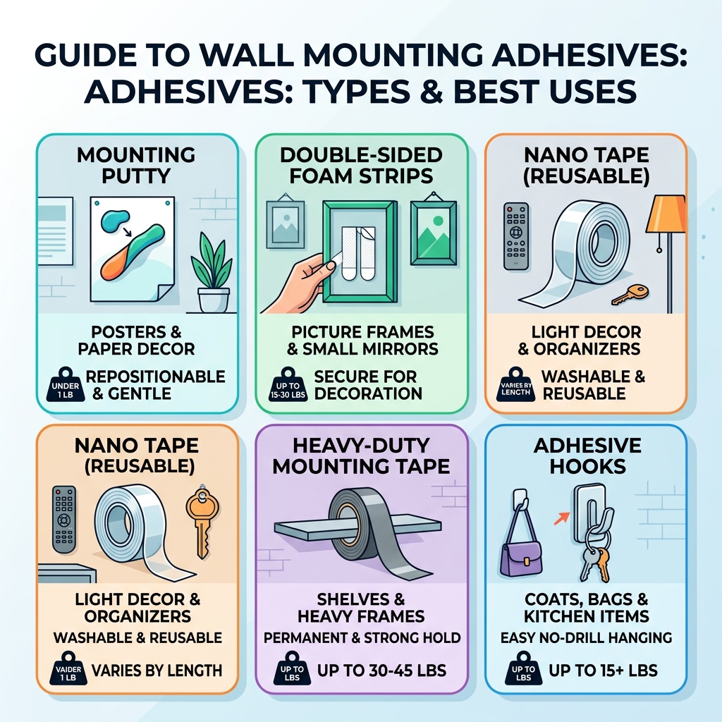 Types of wall mounting adhesives and their best uses infographic - adhesive for wall mounting infographic 