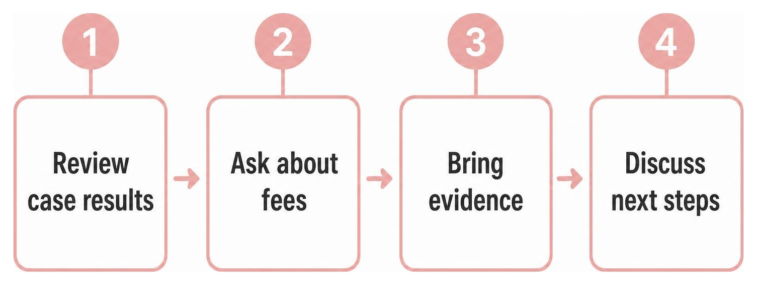 Steps to choose an injury attorney: review case results, ask about fees, bring evidence, discuss next steps Steps to choose an injury attorney: review case results, ask about fees, bring evidence, discuss next steps