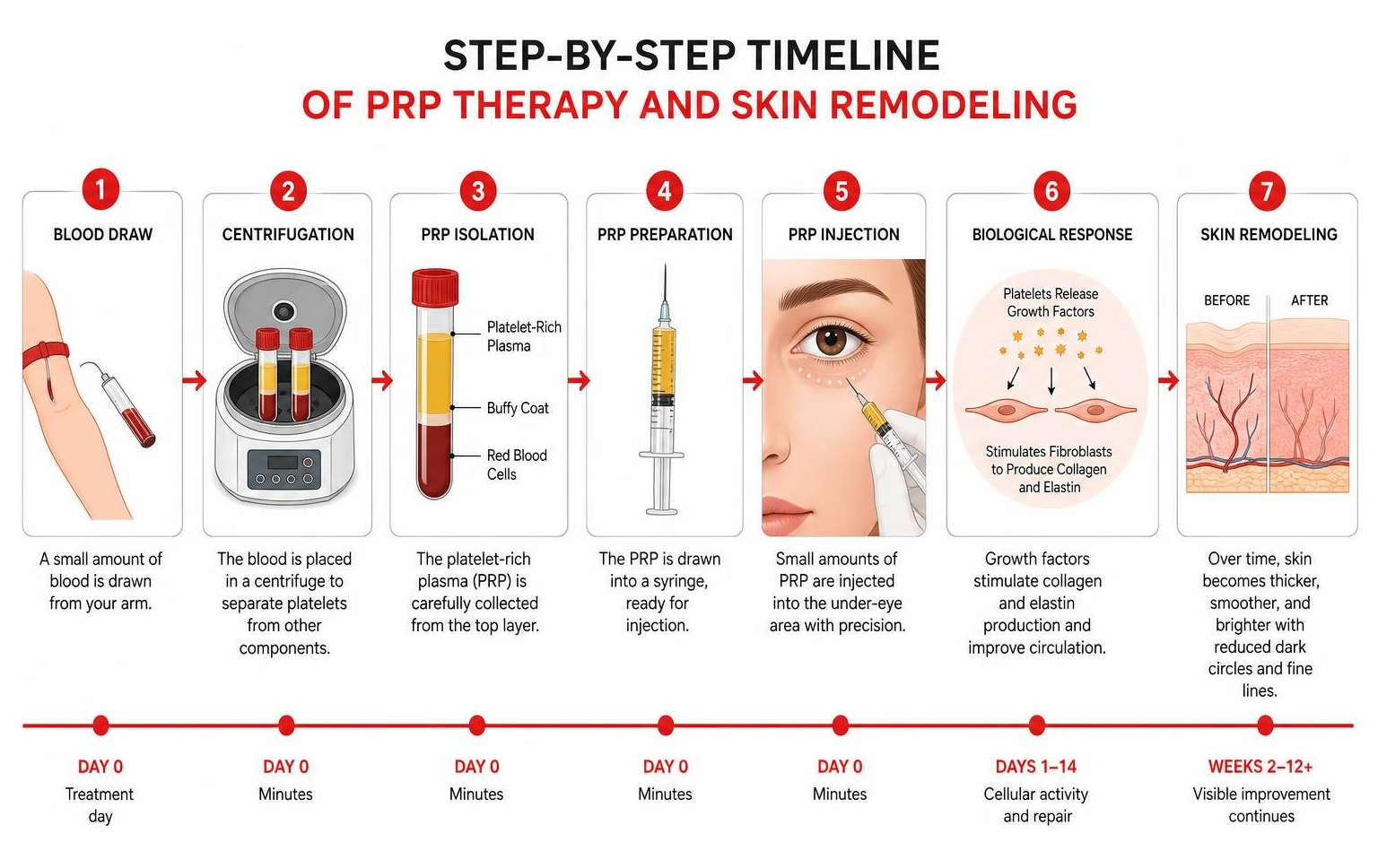Step-by-step timeline of PRP therapy and skin remodeling
