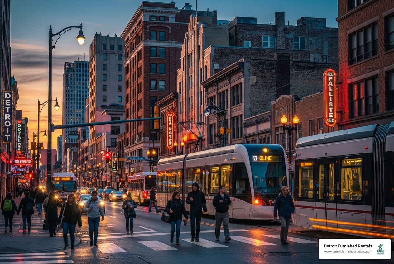 A busy street in Midtown Detroit with the QLINE rail visible - apartments near Detroit museums A busy street in Midtown Detroit with the QLINE rail visible - apartments near Detroit museums
