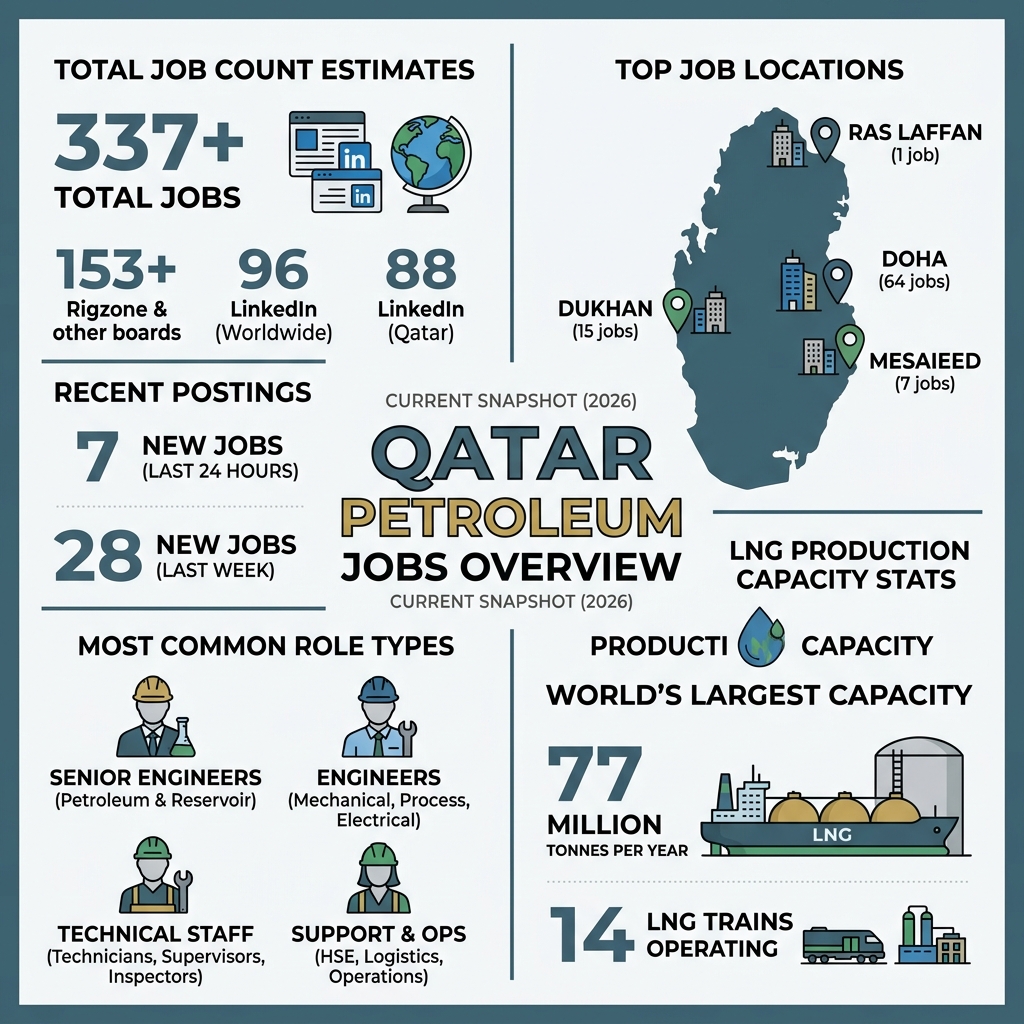 Qatar petroleum jobs overview: locations, job counts, role types, and LNG capacity stats - petroleum jobs in qatar