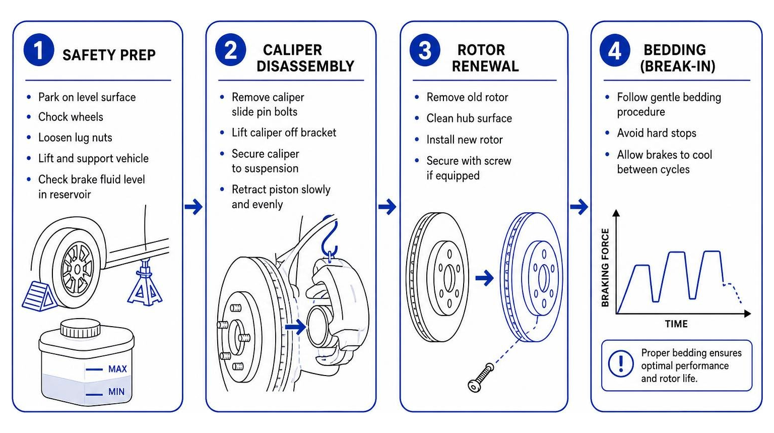 Brake replacement workflow diagram: safety prep, caliper disassembly, rotor renewal, and bedding