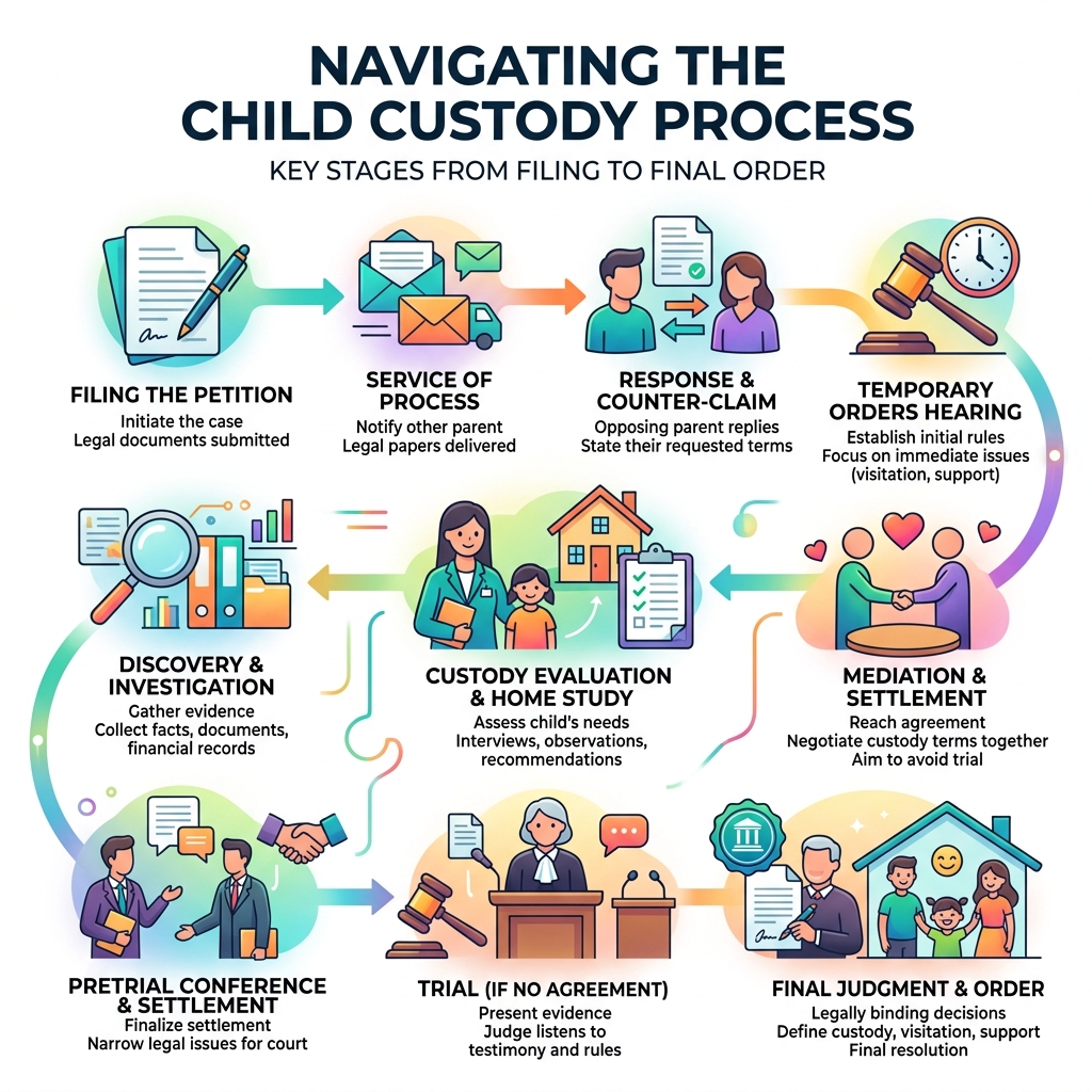 Stages of a child custody case from filing to final order infographic - divorce custody battle advice infographic 
