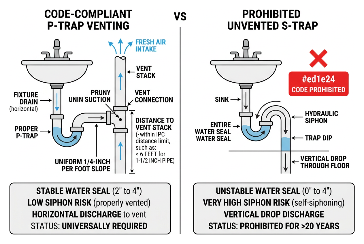 Comparison diagram showing P-trap venting versus an unvented S-trap Comparison diagram showing P-trap venting versus an unvented S-trap