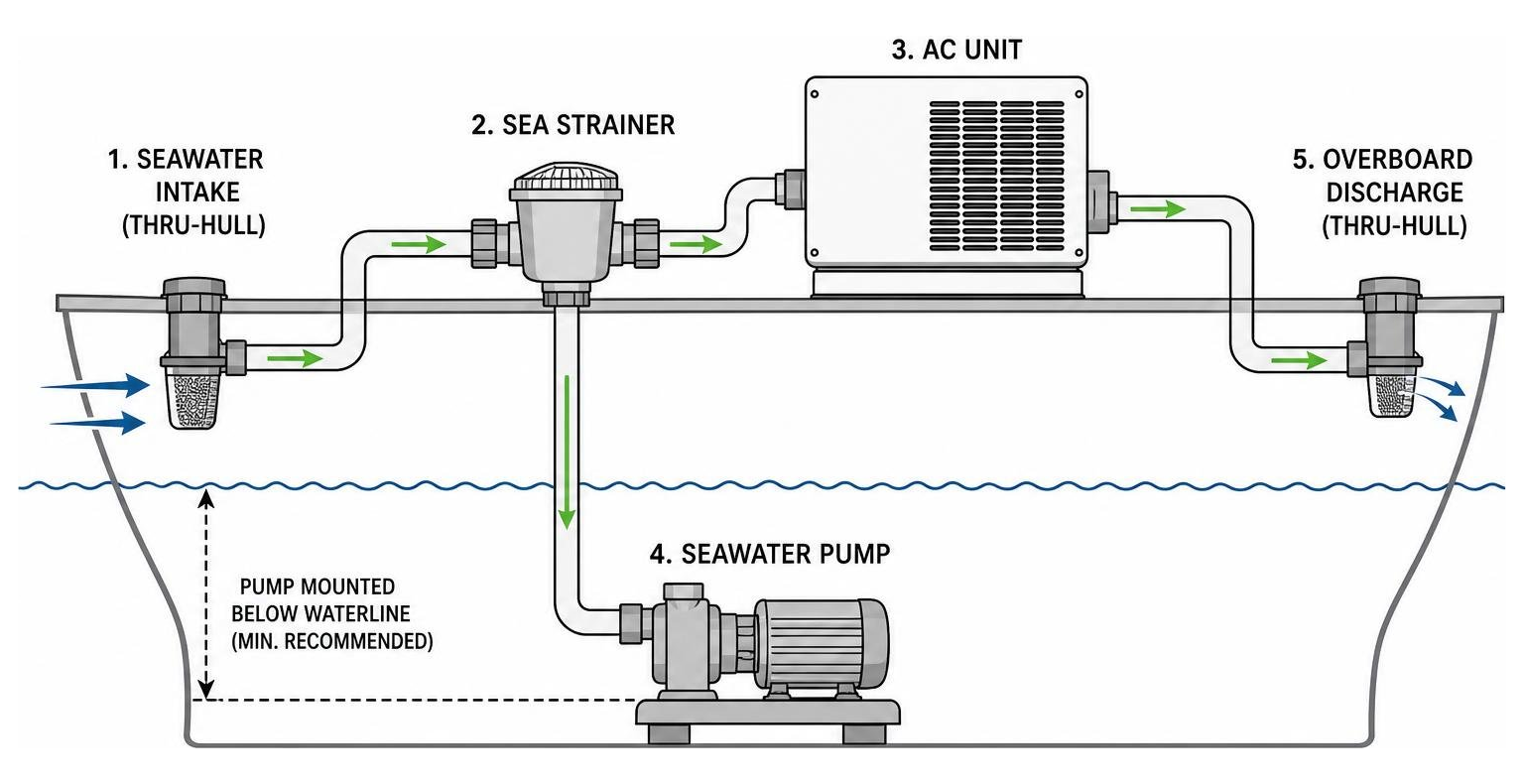 diagram of seawater plumbing layout showing pump mounted below the waterline