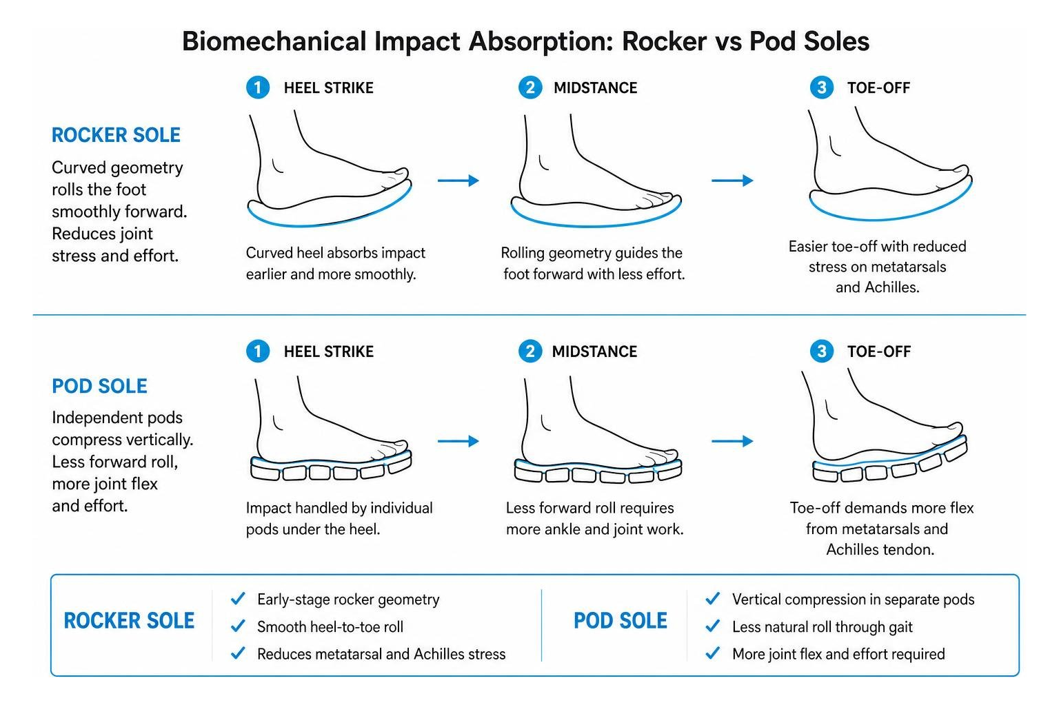 Biomechanical impact absorption differences between rocker and pod soles