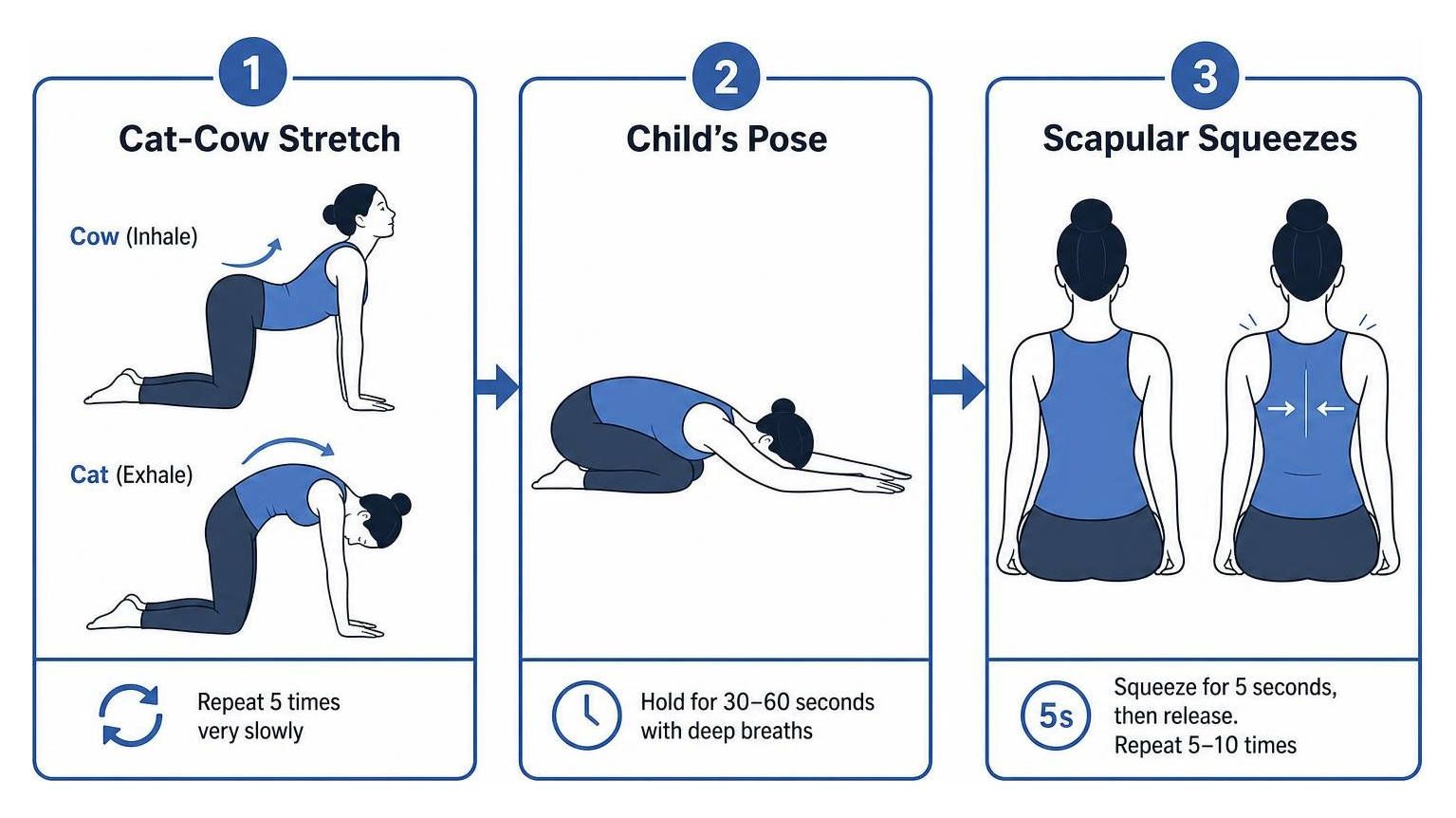 Step-by-step pre-bed stretching sequence diagram showing Cat-Cow, Child's Pose, and Scapular Squeezes Step-by-step pre-bed stretching sequence diagram showing Cat-Cow, Child's Pose, and Scapular Squeezes