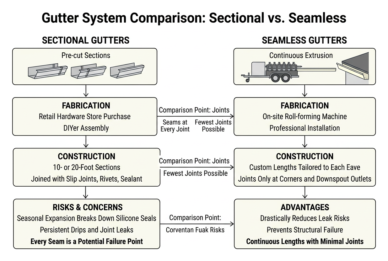 Comparison between sectional joined gutters and seamless extruded gutters