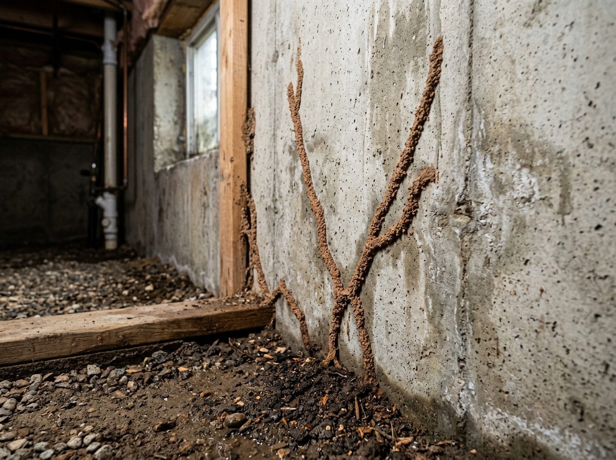 Termite mud tubes on a foundation wall - Middlesex County termite treatment
