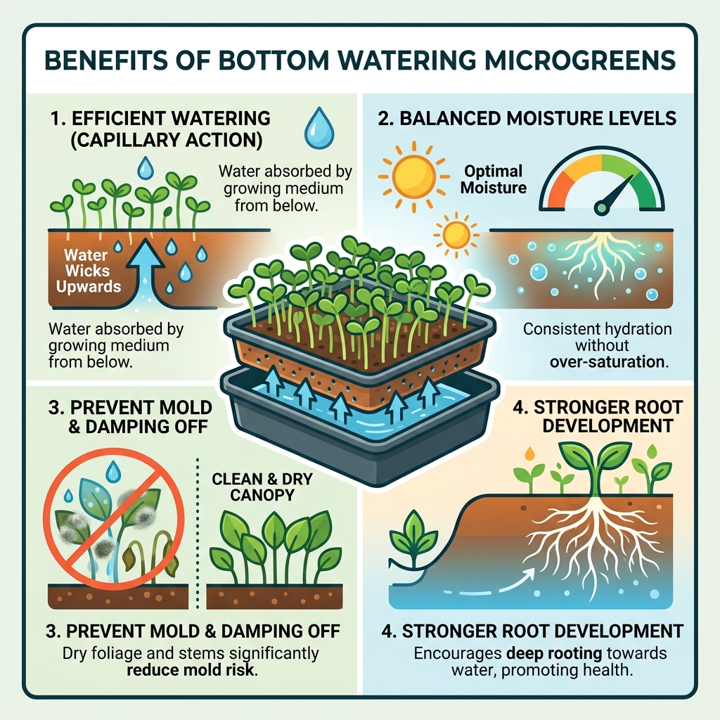 Infographic showing capillary action, moisture balance, mold prevention, and root health in microgreen trays - bottom