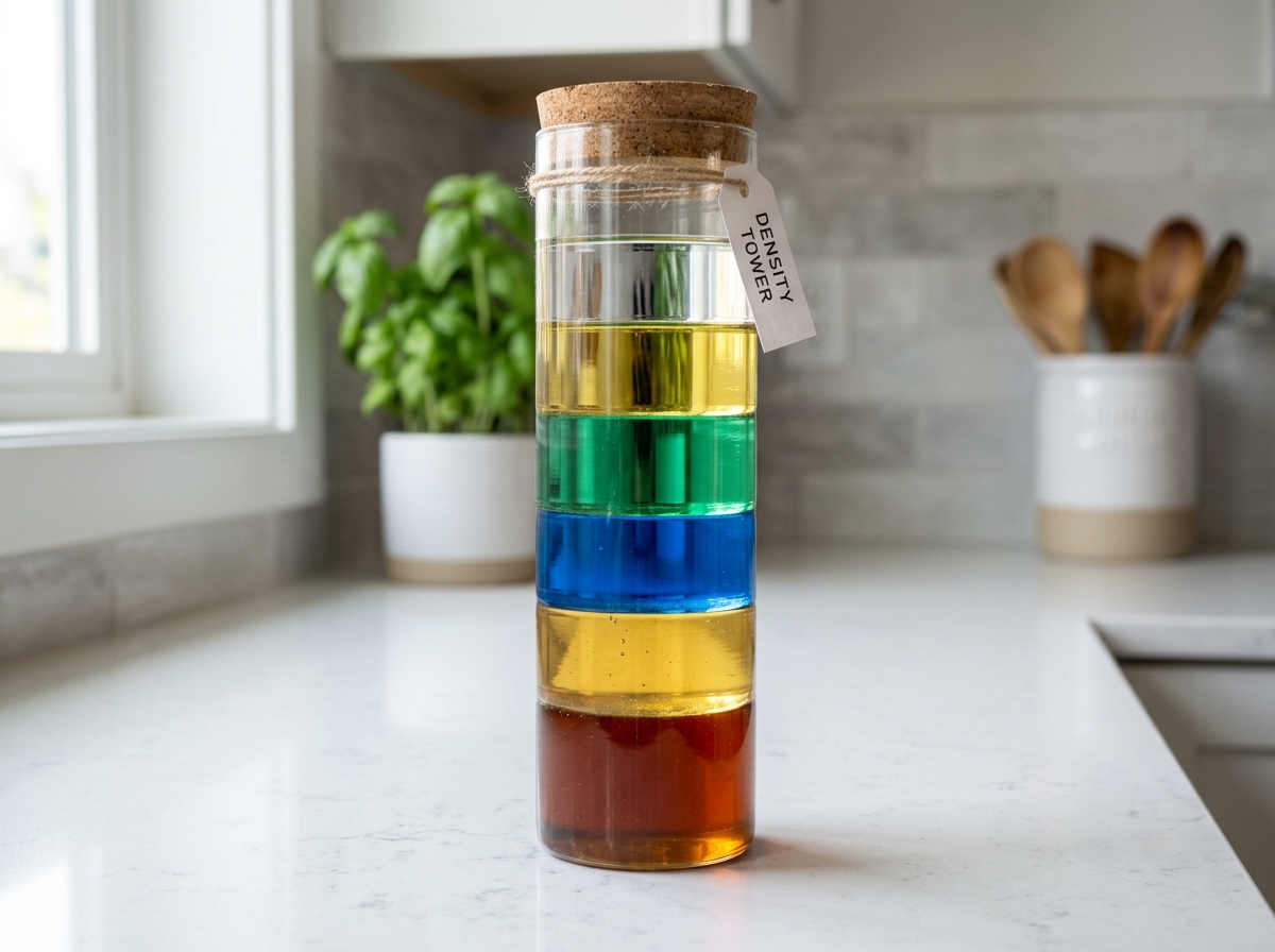 6-layer density tower in a tall glass jar - easy density experiments