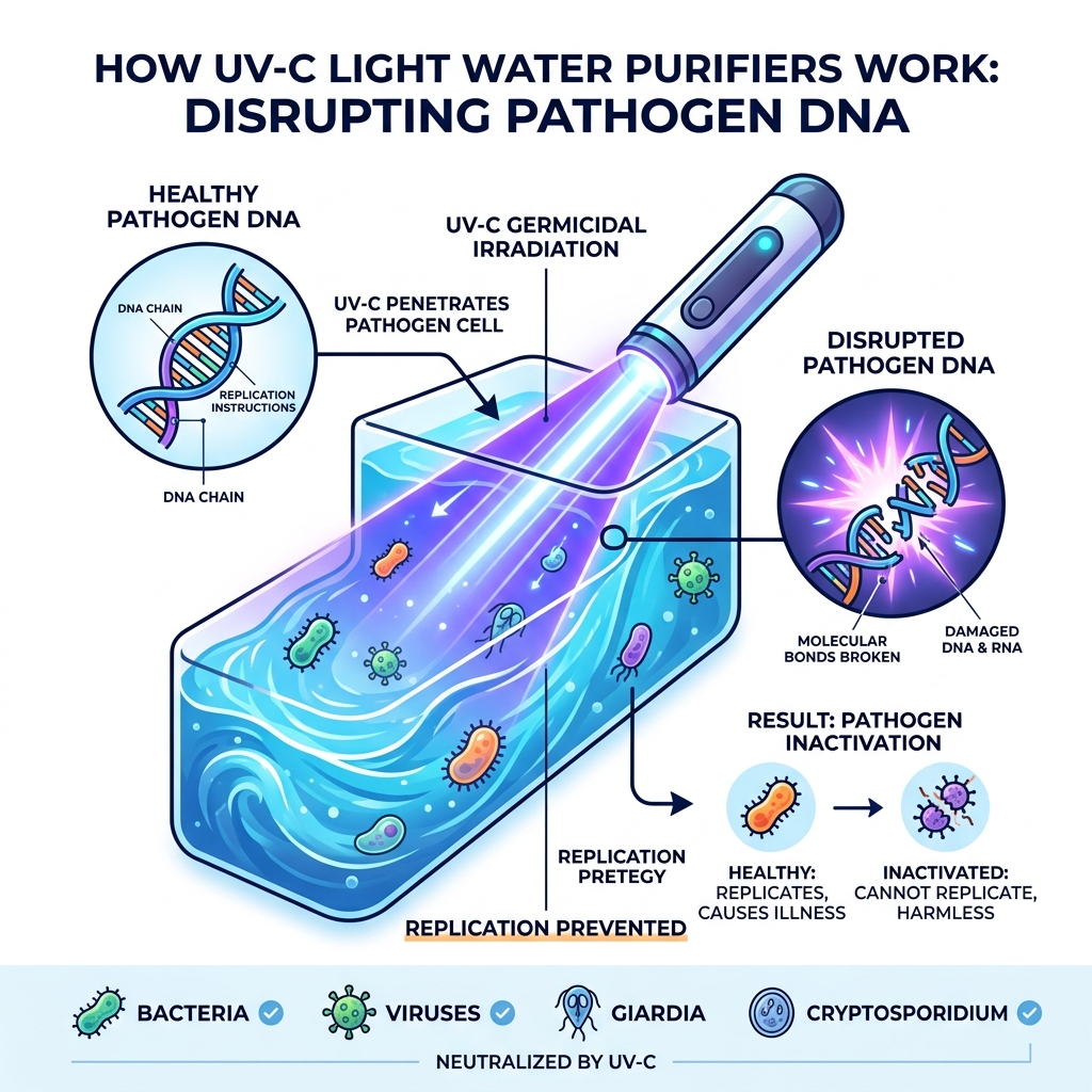 UV-C germicidal irradiation process showing how UV light disrupts pathogen DNA in water - uv light water purifier camping UV-C germicidal irradiation process showing how UV light disrupts pathogen DNA in water - uv light water purifier camping