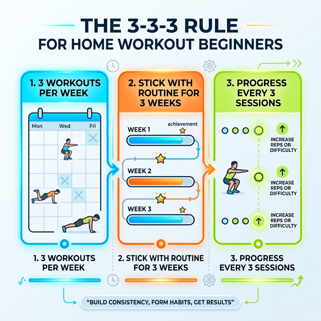 Infographic showing the 3-3-3 rule: 3 workouts per week, stick with routine for 3 weeks, progress every 3 sessions Infographic showing the 3-3-3 rule: 3 workouts per week, stick with routine for 3 weeks, progress every 3 sessions