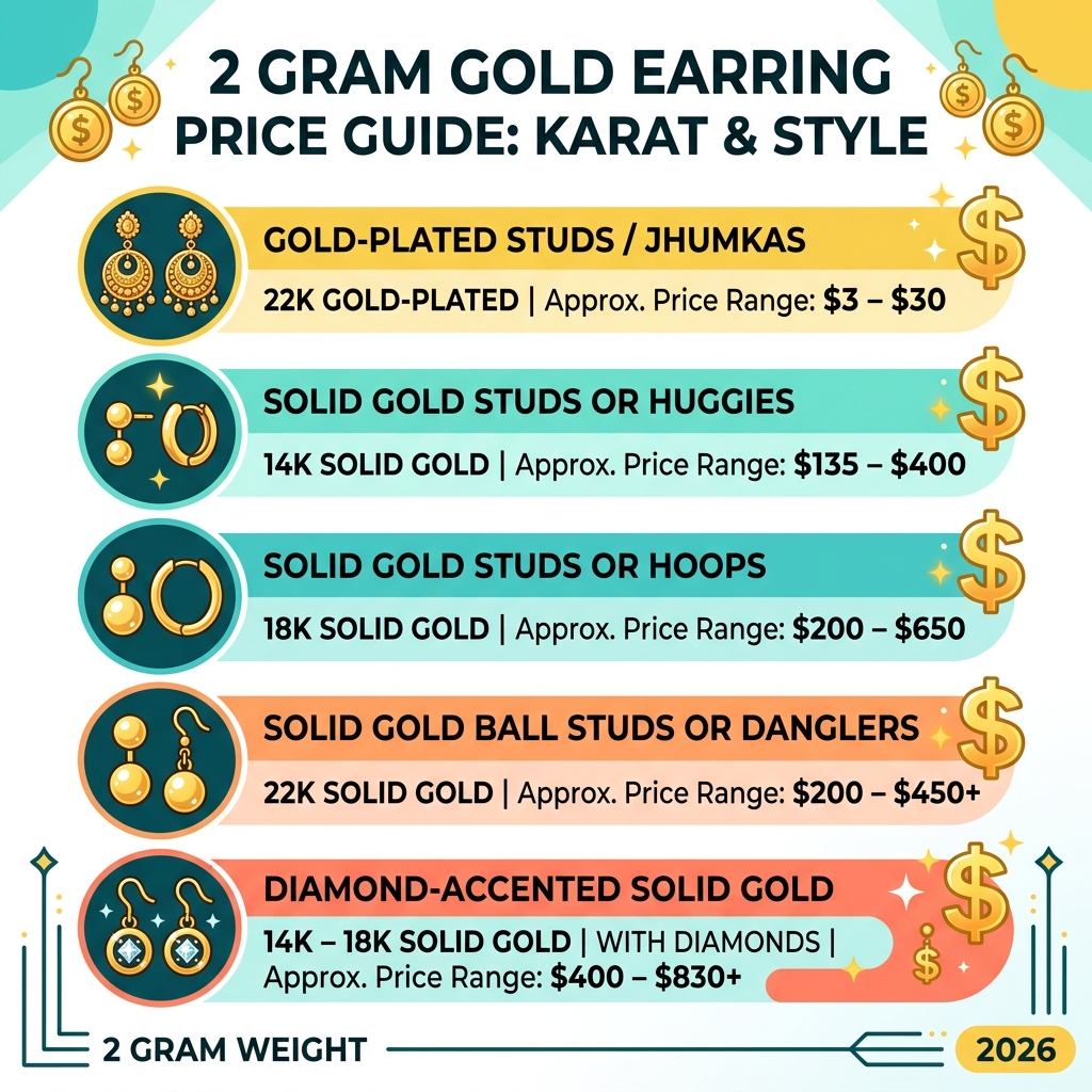 Infographic showing 2 gram gold earring price ranges by karat and style type - 2 gram gold earrings with price infographic 
