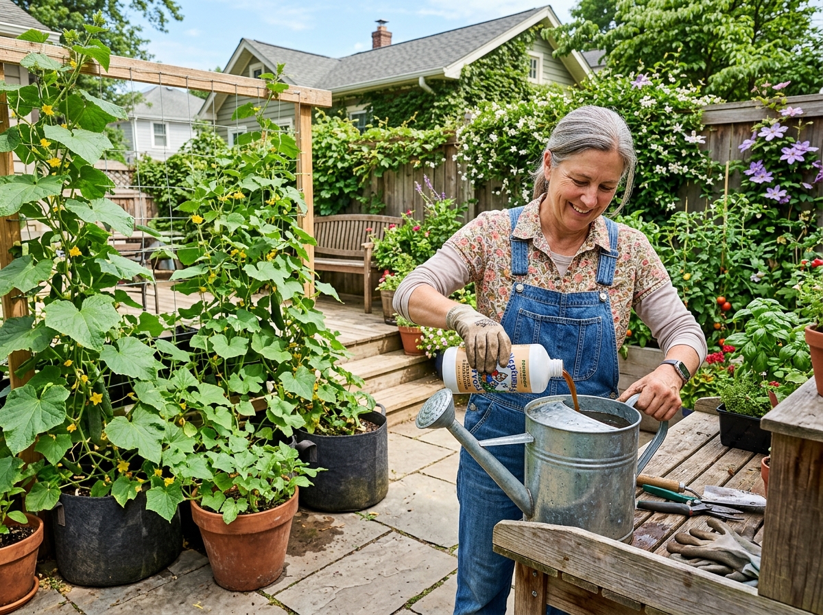 gardener mixing organic liquid fertilizer in a watering can - best fertilizer for cucumbers in containers gardener mixing organic liquid fertilizer in a watering can - best fertilizer for cucumbers in containers