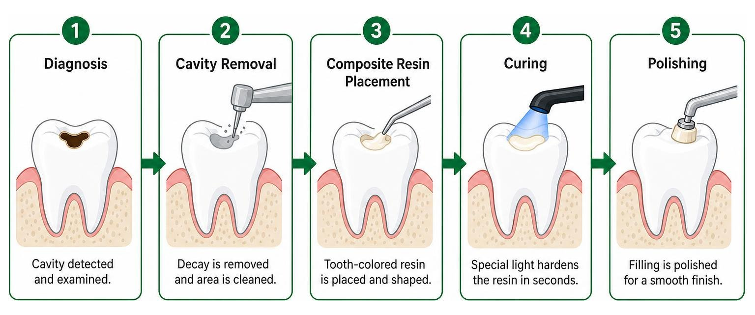 Diagram illustrating the steps of the cavity diagnosis, removal, composite resin placement, curing, and polishing Diagram illustrating the steps of the cavity diagnosis, removal, composite resin placement, curing, and polishing